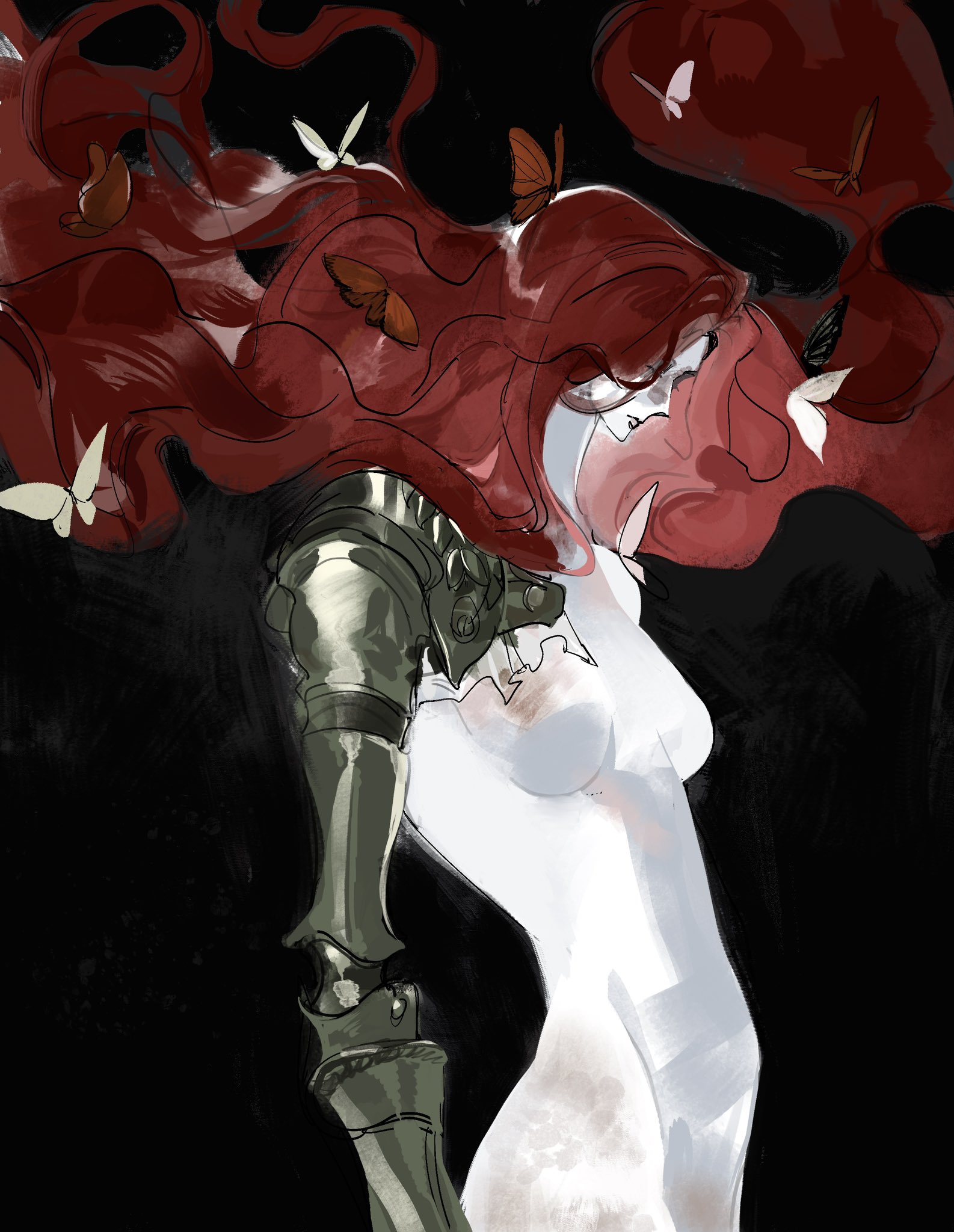 malenia blade of miquella, malenia goddess of rot, elden ring, highres, 1girl, 96peori, black background, bug, butterfly, closed eyes, colored skin, cowboy shot, expressionless, floating hair, from side, insect, long hair, mechanical arms, nude, painterly, prosthesis, prosthetic arm, red hair, single mechanical arm, solo, white skin