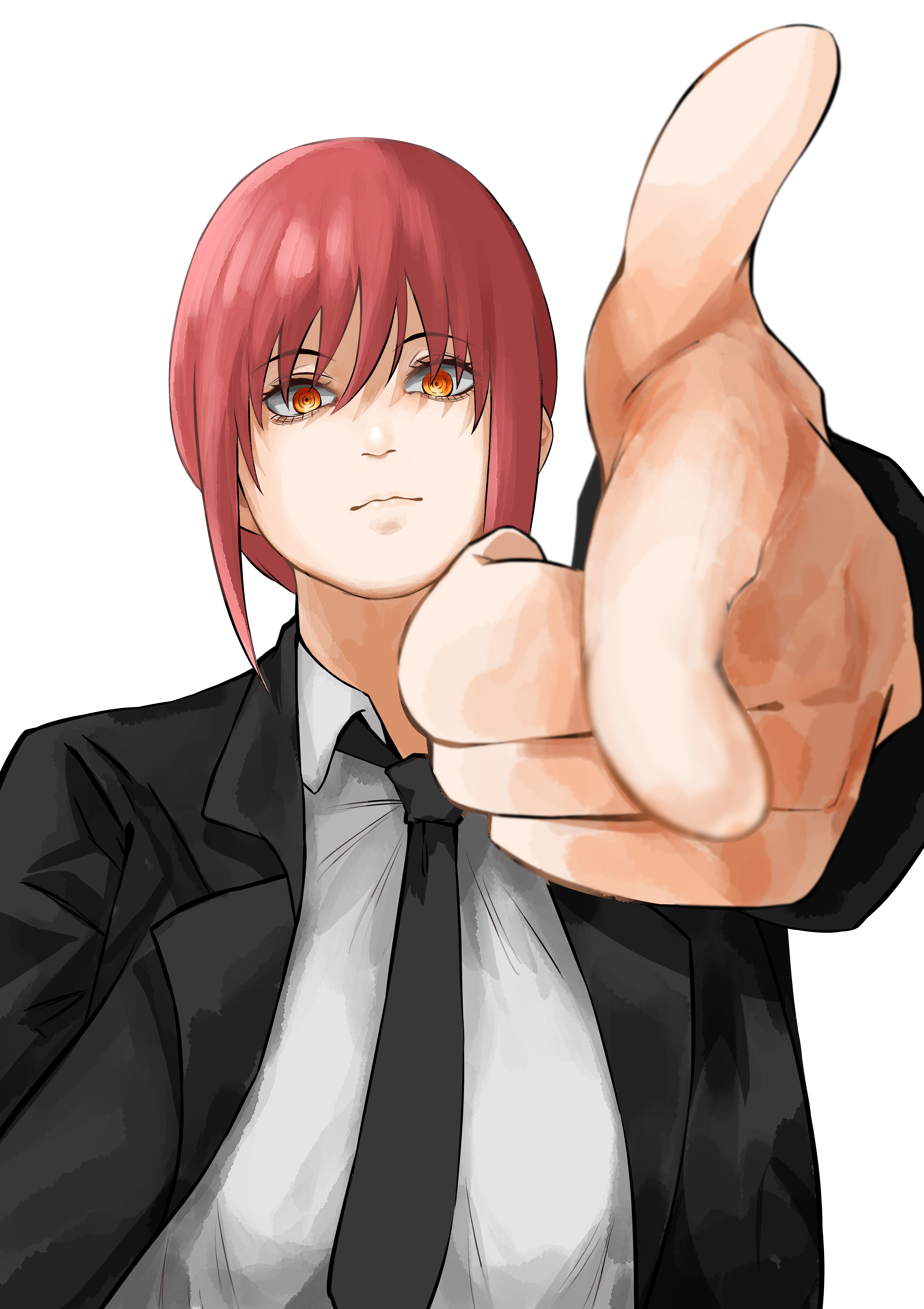 senrihinzk, makima (chainsaw man), chainsaw man, absurdres, commentary request, highres, 1girl, black coat, black necktie, closed mouth, coat, collared shirt, looking at viewer, necktie, orange eyes, pointing, pointing at viewer, red hair, ringed eyes, shirt, sidelocks, simple background, solo, white background, white shirt