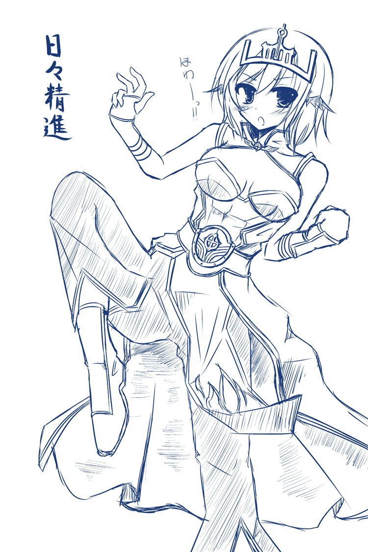 suisui (hakkindou), champion (ragnarok online), ragnarok online, commentary request, translation request, 1girl, blush, breasts, fighting stance, fingerless gloves, foot out of frame, gloves, head wings, looking at viewer, medium breasts, open mouth, pants, shirt, shoes, short hair, simple background, sketch, sleeveless, sleeveless shirt, solo, standing, standing on one leg, tiara, wings