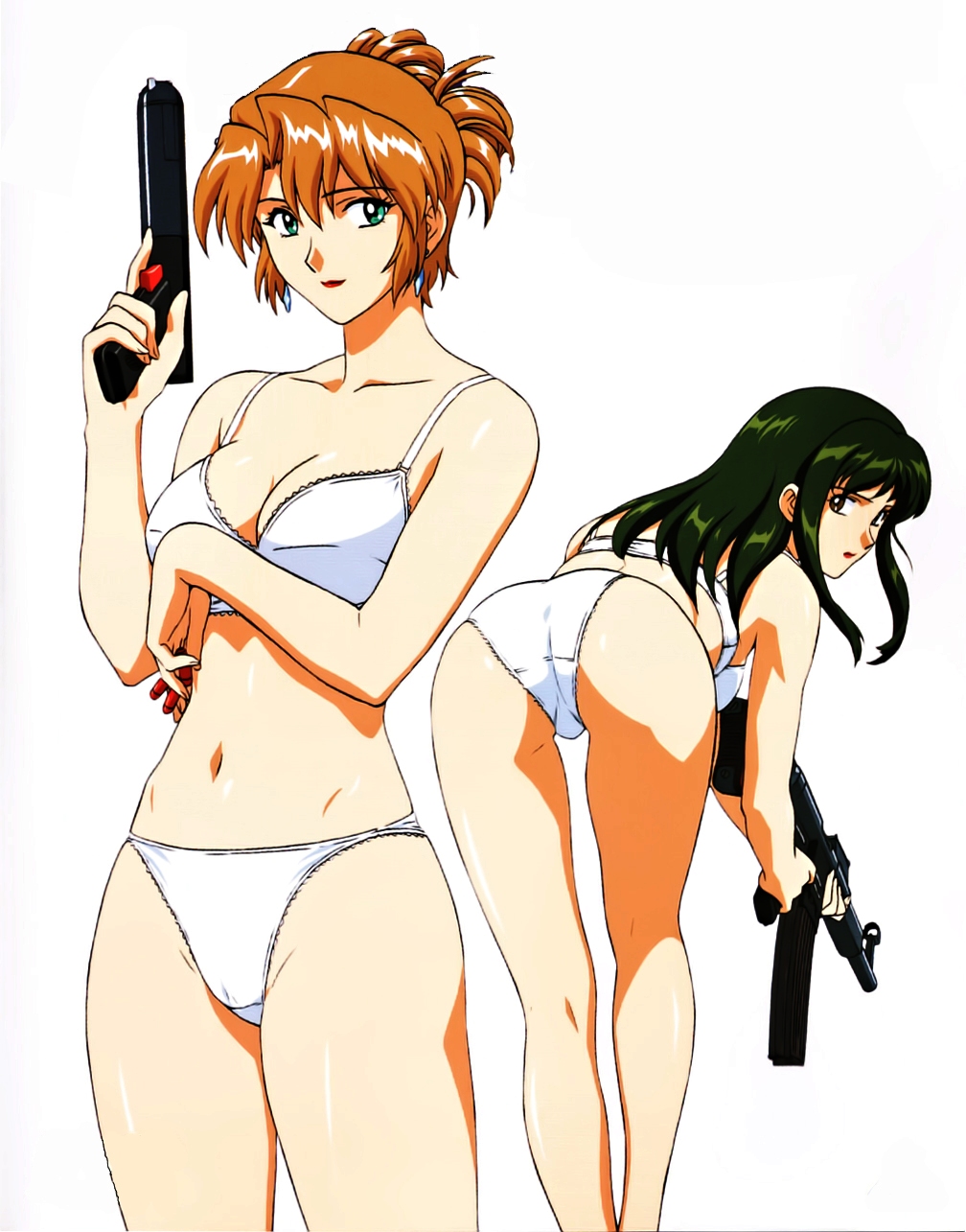 yamauchi noriyasu, delmo, delmo commander, sumeragi aika, white delmo, agent aika, aika (series), highres, scan, third-party edit, 1990s (style), 2girls, ass, assault rifle, bra, breasts, bullet, cleavage, green hair, gun, hair between eyes, handgun, holding, holding bullet, kneepits, large breasts, lingerie, long hair, multiple girls, panties, pantyshot, pistol, ponytail, retro artstyle, rifle, skindentation, standing, trefoil, underwear, underwear only, weapon, white background, white panties