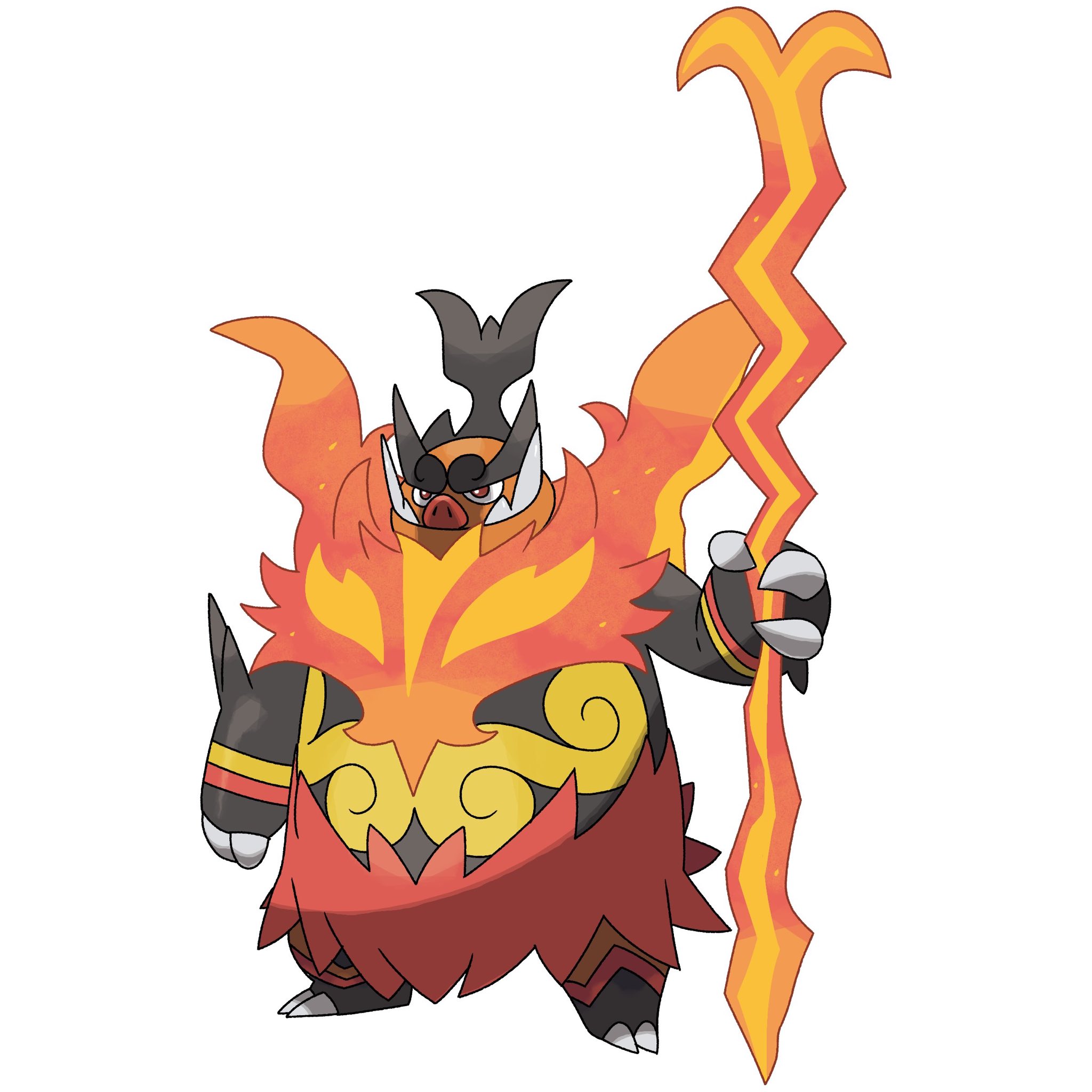 cardnlh, emboar, nintendo, pokemon, pokemon legends: z-a, derivative work, highres, spoilers, claws, closed mouth, fangs, full body, gen 5 pokemon, holding, holding staff, mega emboar, mega pokemon, no humans, parody, pokemon (creature), pokemon focus, red eyes, sharp teeth, simple background, solo, staff, style parody, teeth, white background