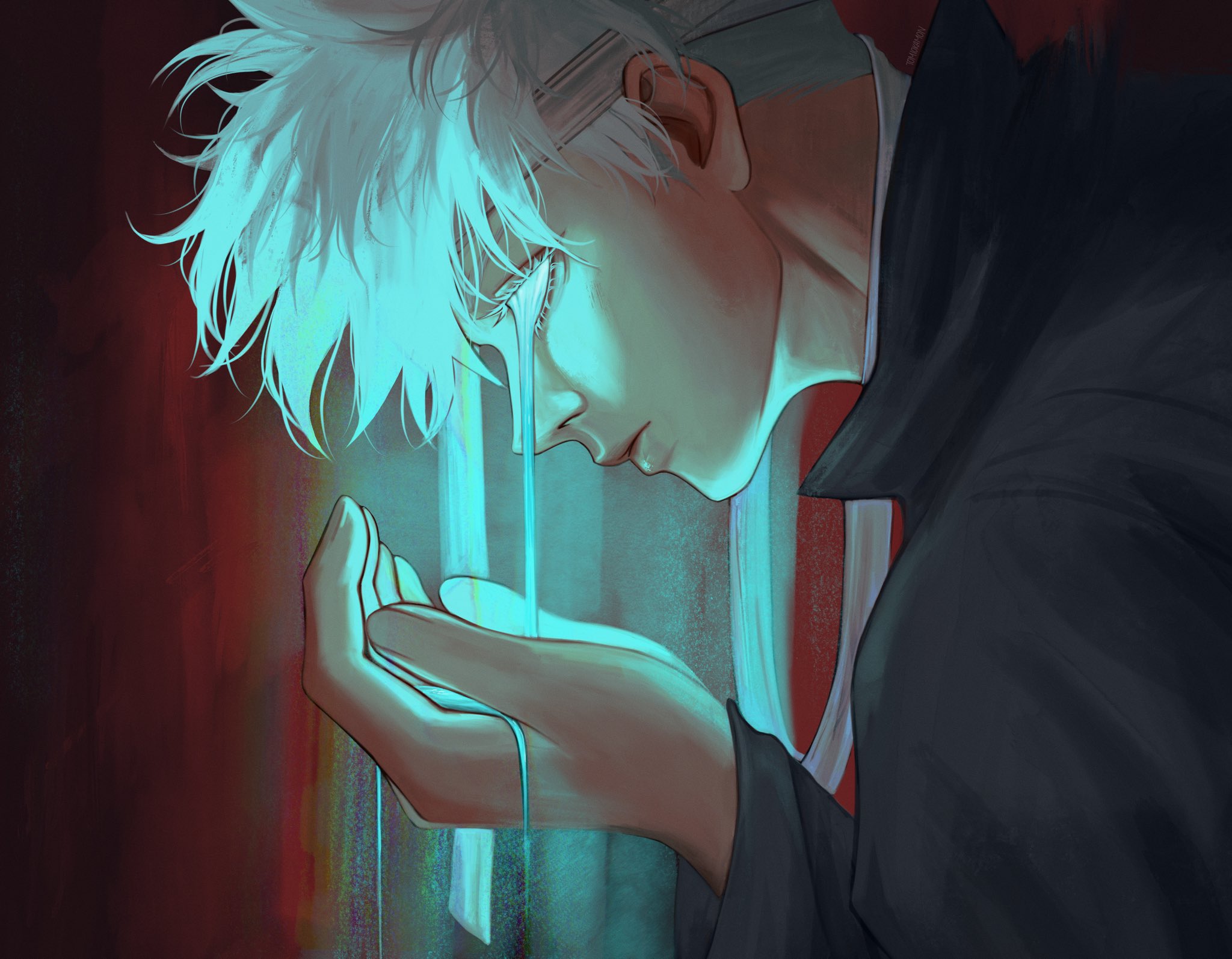 gojou satoru, jujutsu kaisen, highres, 1boy, colored eyelashes, eyelashes, from side, jujutsu tech uniform, lips, male focus, melting eyes, nose, short hair, solo, tomiokamon, upper body, white hair