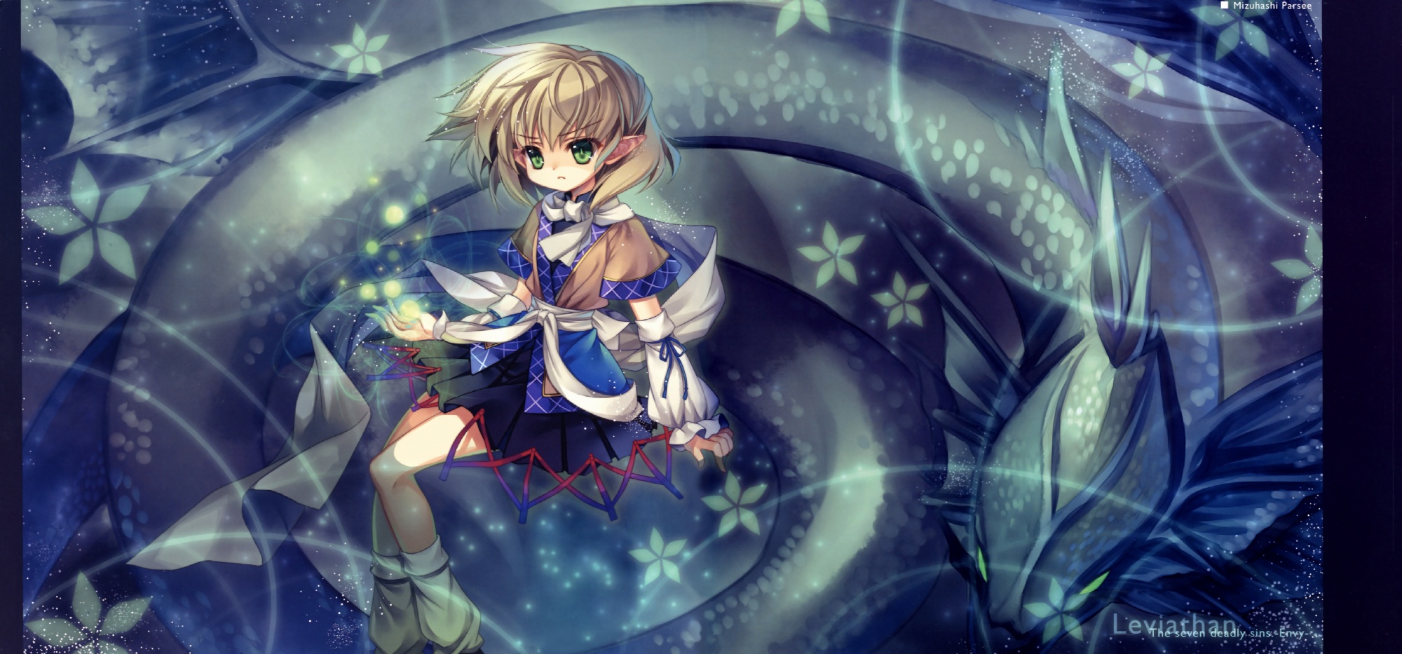capura lin, mizuhashi parsee, touhou, highres, 1girl, blonde hair, danmaku, female focus, flower, green eyes, multiple girls, plant, sitting, solo