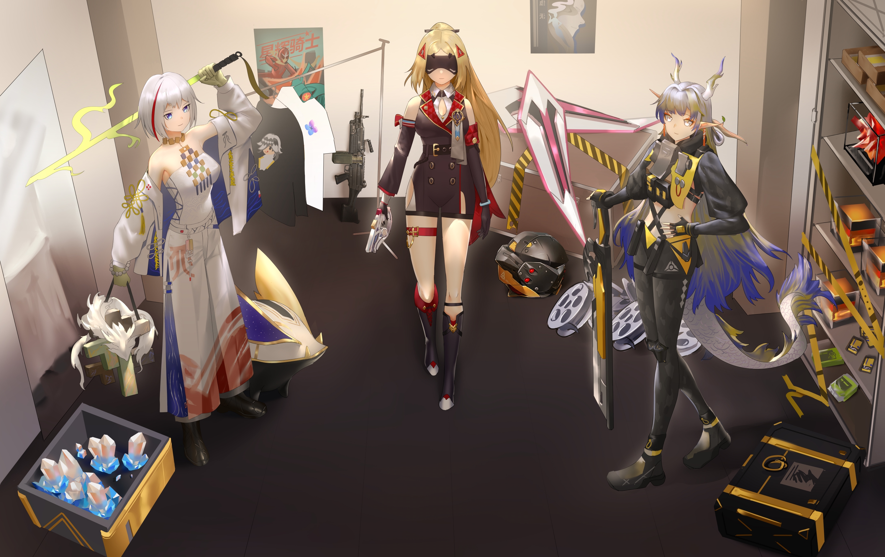 numby (honkai: star rail), shu (arknights), topaz (honkai: star rail), trigger (zenless zone zero), trotter (honkai: star rail), arknights, honkai: star rail, honkai (series), zenless zone zero, commentary request, highres, 142454843, 1other, 3girls, alternate costume, bare shoulders, black gloves, black pants, blindfold mask, blonde hair, blue eyes, blue hair, boots, closed mouth, clothes rack, colored inner hair, cosplay, costume switch, covered eyes, crossover, dragon girl, dragon horns, dragon tail, fingerless gloves, gloves, grey hair, gun, hair between eyes, hair intakes, hair ornament, hand on own hip, handgun, horns, jacket, light machine gun, long hair, long sleeves, looking at viewer, machine gun, mask, multicolored hair, multiple crossover, multiple girls, off shoulder, pants, pointy ears, ponytail, red hair, shirt, short hair, shu (arknights) (cosplay), stellar jade, strapless, sword, t-shirt, tail, thigh strap, topaz (honkai: star rail) (cosplay), trigger (zenless zone zero) (cosplay), weapon, white hair