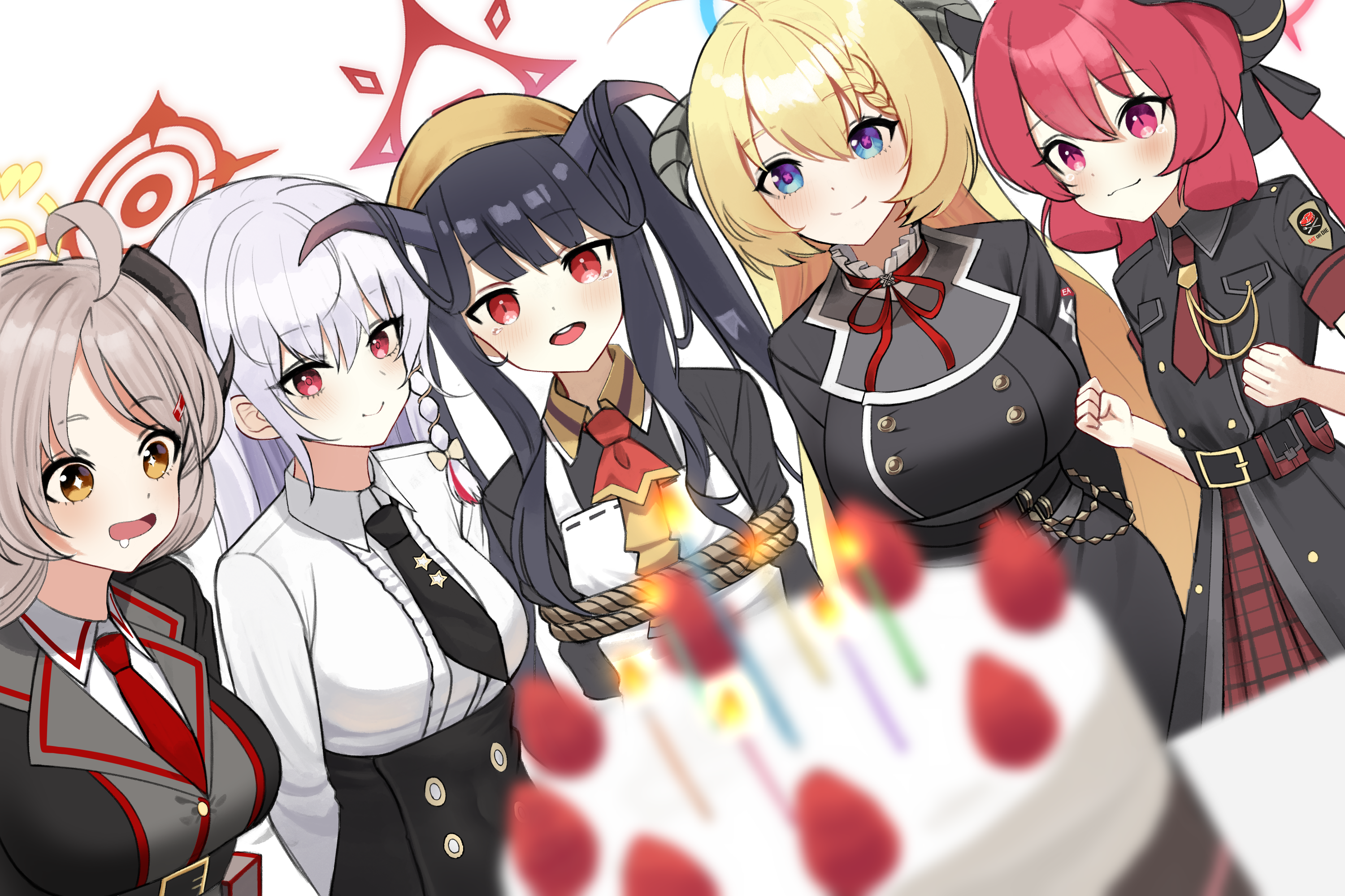 kkkk (laa2973), akari (blue archive), chiaki (blue archive), izumi (blue archive), junko (blue archive), mutsuki (blue archive), blue archive, commentary request, highres, korean commentary, 5girls, ahoge, belt, birthday, black belt, black dress, black jacket, black necktie, blonde hair, blue eyes, blue halo, blush, bound, braid, breasts, cake, candle, closed mouth, collared dress, collared shirt, dress, food, fruit, grey hair, halo, horns, jacket, looking at viewer, multicolored hair, multiple girls, necktie, open mouth, red eyes, red hair, red halo, red necktie, saliva, shirt, smile, strawberry, streaked hair, tied up (nonsexual), tongue, white hair, white shirt, yellow eyes, yellow halo
