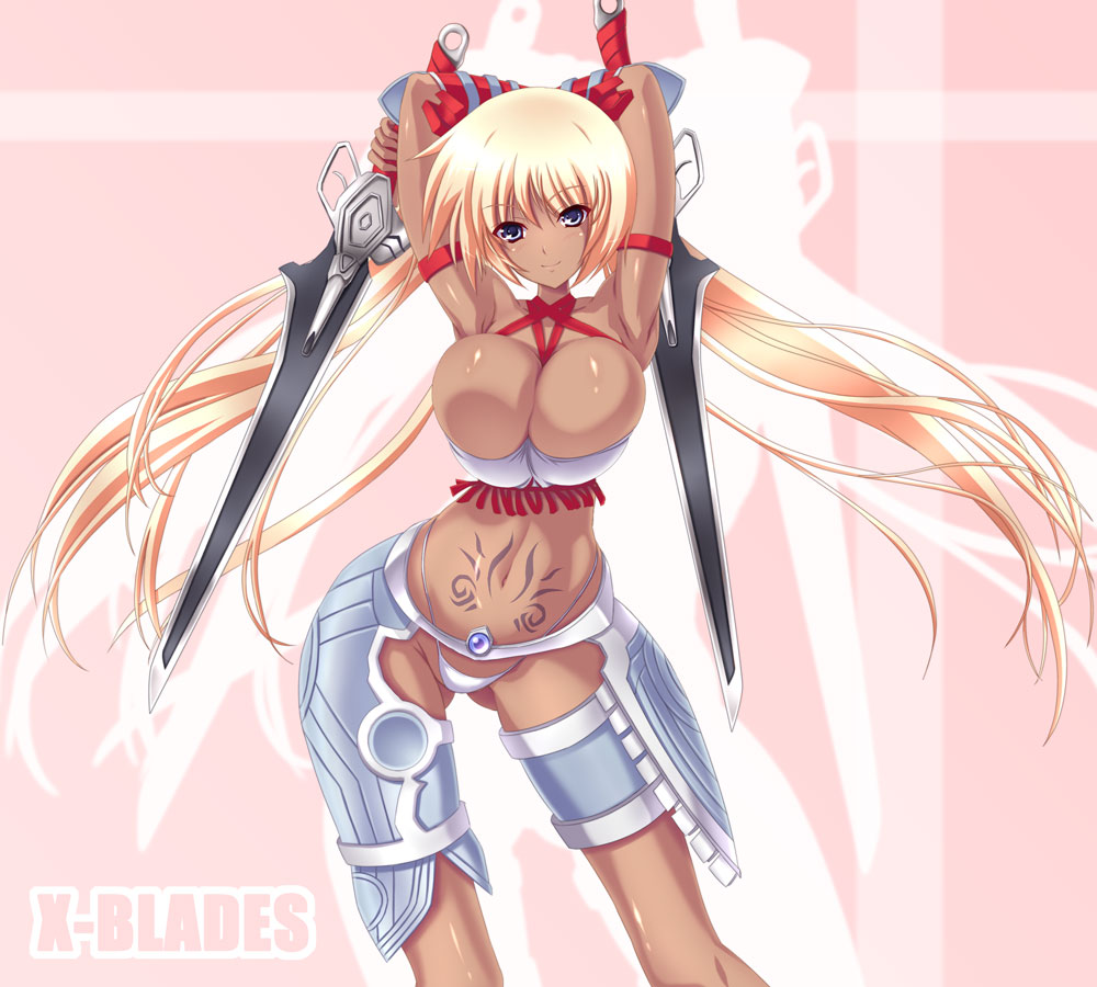 nanakorobi yaoki, ayumi (x-blades), x-blades, 1girl, armor, armpits, arms behind head, arms up, bikini armor, blonde hair, blue eyes, breasts, bursting breasts, cleavage, contrapposto, dark-skinned female, dark skin, dual wielding, female focus, gunblade, hair between eyes, holding, large breasts, long hair, navel, panties, pubic tattoo, smile, solo, standing, stomach tattoo, sword, tattoo, underwear, very long hair, weapon