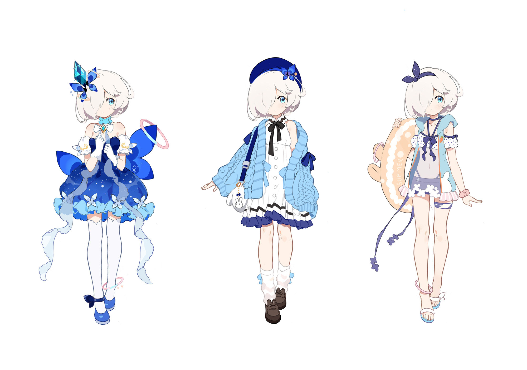 zhenming, silver (benghuai xueyuan), benghuai xueyuan, honkai (series), highres, 1girl, beret, blue dress, blue eyes, blue jacket, bow, closed mouth, dress, full body, hair ornament, hair over one eye, hairband, hat, innertube, jacket, looking at viewer, multiple views, sailor collar, sandals, shoes, short hair, simple background, socks, swim ring, thighhighs, white background, white hair