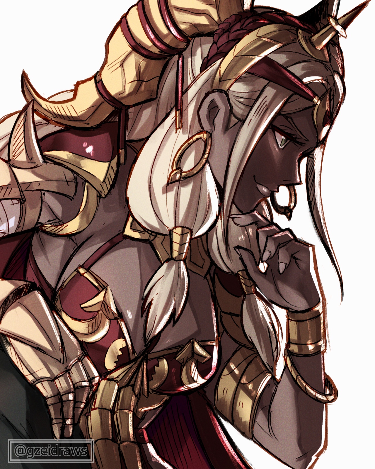 gzei, theodora (fire emblem), fire emblem, fire emblem: fortune's weave, nintendo, highres, 1girl, armor, blonde hair, bracelet, breasts, cleavage, dark-skinned female, dark skin, earrings, gold bracelet, gold earrings, hoop earrings, jewelry, solo