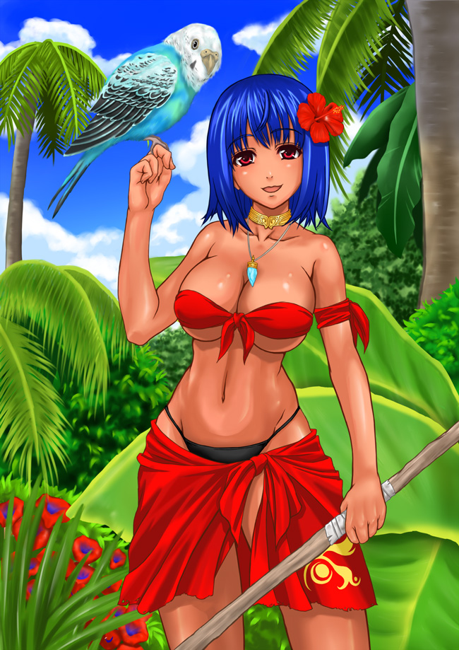 nanakorobi yaoki, original, 1girl, armband, bird, bird on hand, black panties, blue hair, breasts, choker, cleavage, cloud, day, female focus, flower, grass, hair flower, hair ornament, hibiscus, jewelry, large breasts, panties, parakeet, pendant, red eyes, sarong, short hair, sky, smile, solo, stick, tan, tree, tropical, underboob, underwear