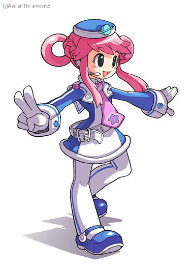 tiv, archived source, commentary request, copyright request, 1girl, :d, artist name, belt, blue dress, blue hat, blush stickers, braid, buttoned cuffs, buttons, collared dress, contrast collar, copyright notice, dress, full body, gloves, hair rings, half up half down braid, hat, headset, legs apart, long sidelocks, looking ahead, loose belt, mary janes, necktie, open hand, open mouth, outstretched arms, pink hair, print necktie, purple necktie, shadow, shoe soles, shoes, short dress, short hair with long locks, sidelocks, sleeve cuffs, sleeves past wrists, smile, spread arms, star (symbol), star print, thighhighs, tongue, v, walking, white belt, white dress, white gloves, white hat, white thighhighs