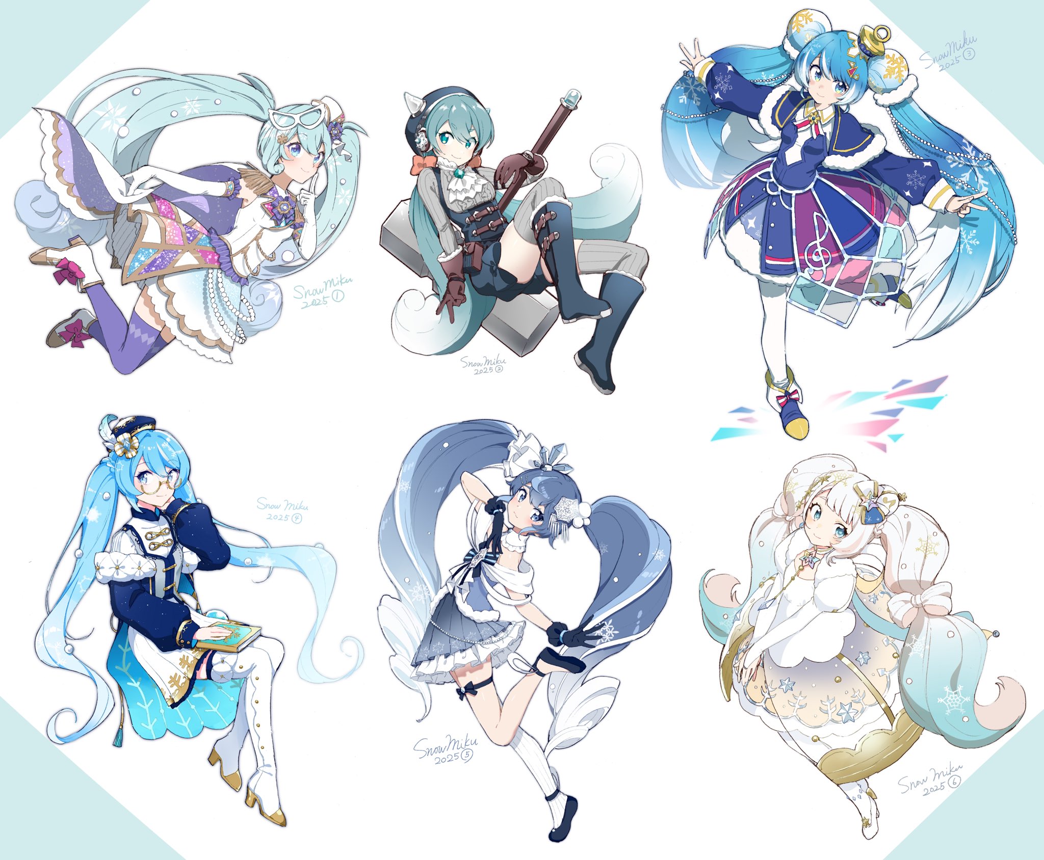 agonasubi, hatsune miku, yuki miku, yuki miku (2025), yuki miku (2025) (candidate no.1), yuki miku (2025) (candidate no.2), yuki miku (2025) (candidate no.3), yuki miku (2025) (candidate no.4), yuki miku (2025) (candidate no.6), vocaloid, highres, 6+girls, aqua eyes, aqua hair, belt, beret, black hair, blue boots, blue capelet, blue dress, blue eyes, blue gloves, blue hair, blue hat, blue hood, blue skirt, book, book on lap, boots, bow, bridal sleeves, brown gloves, cape, capelet, christmas ornaments, christmas ornaments in hair, closed mouth, compass, crystal, domino mask, double w, dress, eighth note, elbow gloves, epaulettes, everyone, eye mask, fake horns, finger to own chin, footwear bow, from above, full body, fur-trimmed capelet, fur-trimmed dress, fur-trimmed gloves, fur trim, gem, gloves, gold trim, gradient hair, grey shirt, grey thighhighs, grey vest, hair ornament, hair ribbon, hammer, hand in own hair, hand on book, hat, hat feather, hat ribbon, headphones, high heel boots, high heels, hikimayu, hoop skirt, horned headwear, horns, invisible chair, jewelry, knee boots, layered dress, layered skirt, leg up, leggings, long hair, long sleeves, looking at viewer, mask, mini hat, multicolored hair, multiple girls, multiple persona, musical note, musical note print, neckerchief, outstretched arms, own hands together, pleated skirt, puffy long sleeves, puffy sleeves, purple thighhighs, quilted clothes, ribbed shirt, ribbed thighhighs, ribbon, see-through dress layer, semi-rimless eyewear, shirt, sideways glance, simple background, single thighhigh, sitting, skindentation, skirt, sleeveless, sleeveless shirt, slippers, smile, snowflake brooch, snowflake hair ornament, snowflake ornament, snowflake print, stained glass, standing, standing on one leg, star (symbol), streaked hair, tassel, thigh boots, thigh strap, thighhighs, treble clef, twintails, twintails with braided base, two-tone hair, v, v-shaped eyebrows, very long hair, vest, w, waist bag, war hammer, wavy hair, weapon, white background, white boots, white cape, white dress, white gloves, white hair, white hat, white leggings, white neckerchief, white ribbon, white shirt, white skirt, white slippers, white streaks, white thighhighs, wrist compass, yellow-framed eyewear