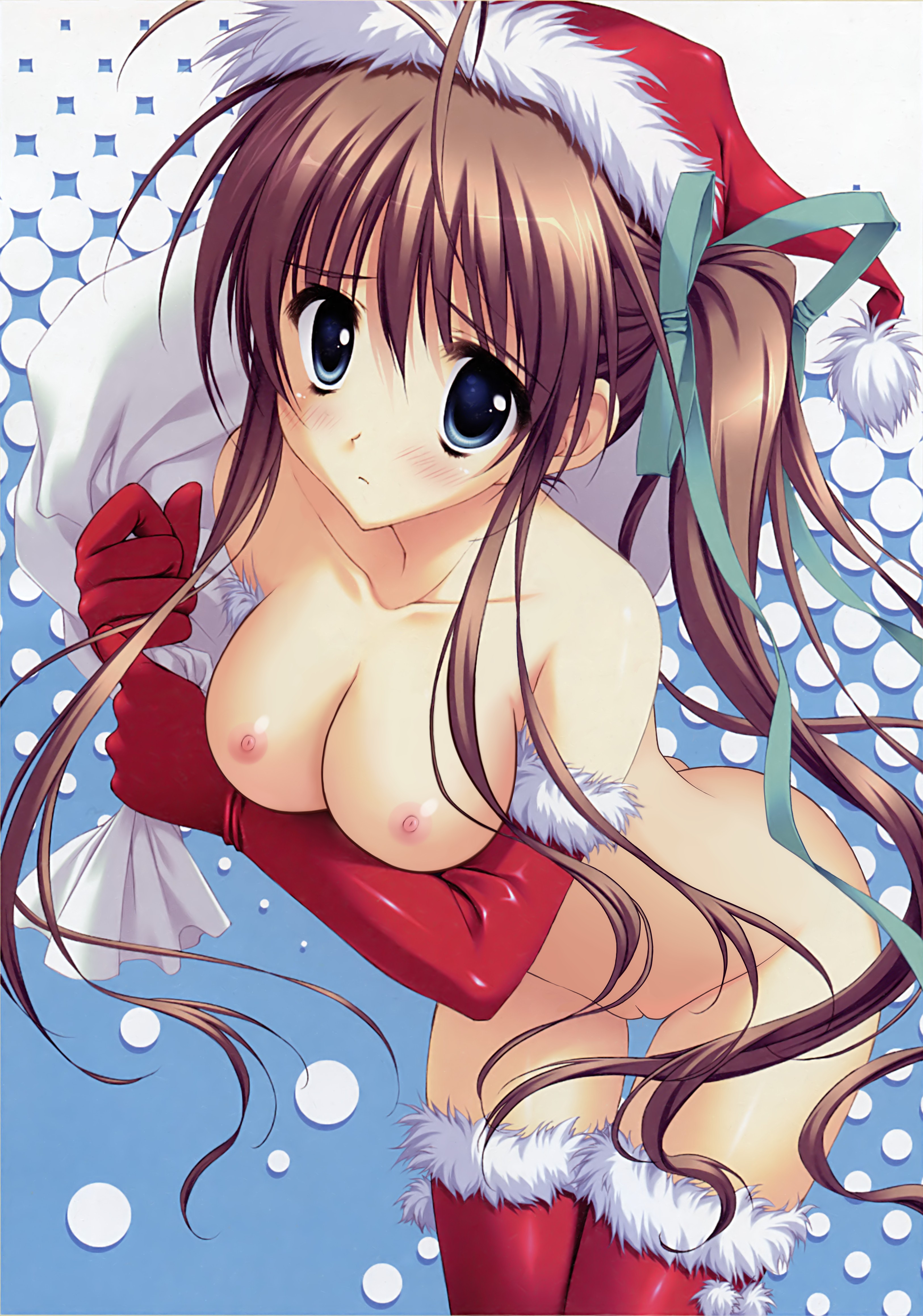 nagase minato, akane-iro ni somaru saka, absurdres, highres, nude filter, third-party edit, 1girl, ass, blush, breasts, brown hair, christmas, elbow gloves, female focus, gloves, hat, large breasts, long hair, nipples, nude, pussy, santa costume, santa hat, solo, thigh gap, thighhighs, uncensored, very long hair