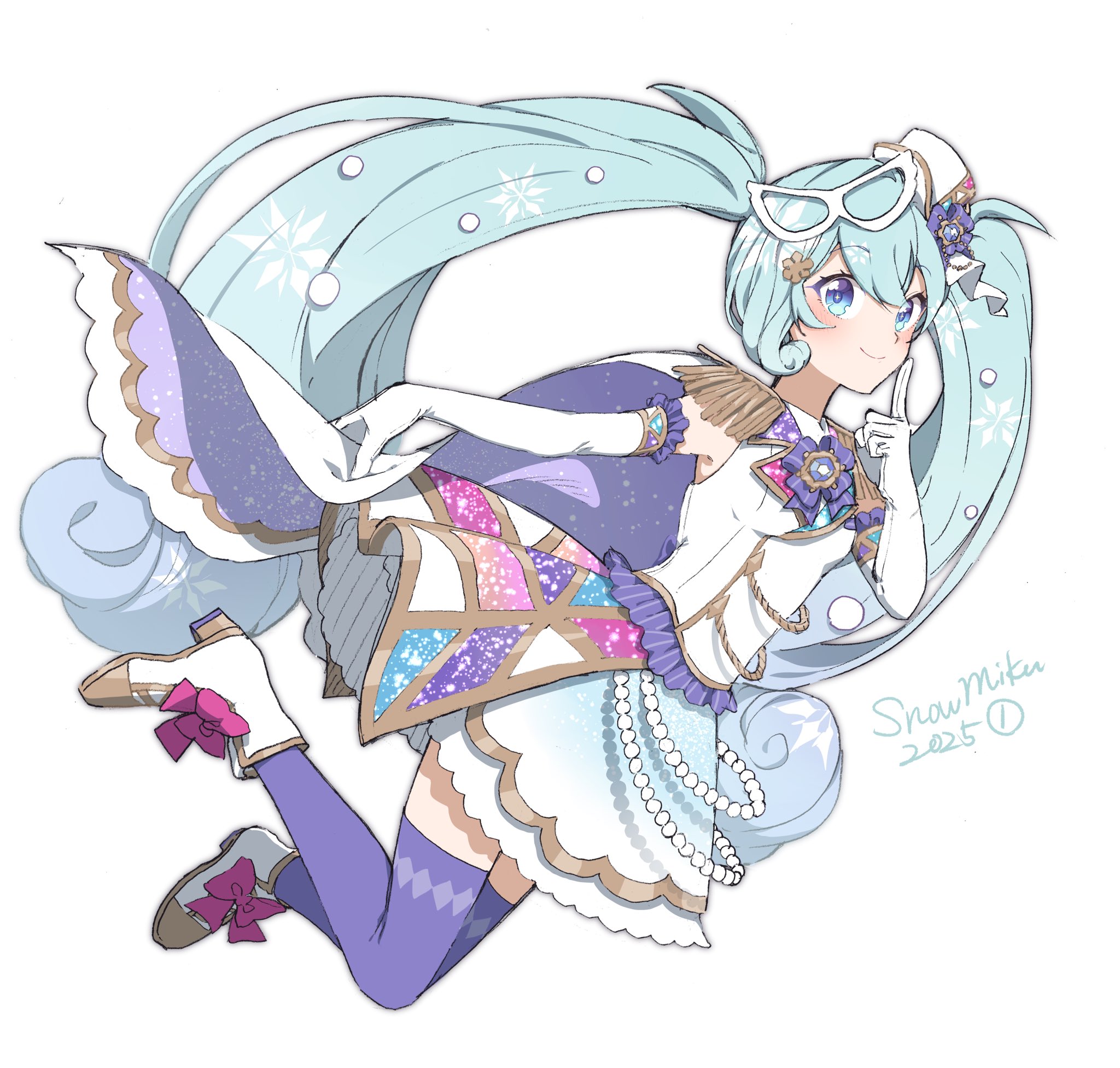 agonasubi, hatsune miku, yuki miku, yuki miku (2025) (candidate no.1), vocaloid, commentary, highres, 1girl, aqua eyes, aqua hair, blue hair, boots, bow, cape, character name, domino mask, elbow gloves, epaulettes, eye mask, finger to own chin, footwear bow, full body, gloves, gold trim, gradient hair, hair ornament, hat, high heel boots, high heels, layered skirt, long hair, looking at viewer, mask, mini hat, multicolored hair, purple thighhighs, shirt, simple background, skirt, sleeveless, sleeveless shirt, smile, snowflake hair ornament, snowflake print, solo, thighhighs, twintails, very long hair, white background, white boots, white cape, white gloves, white hat, white shirt