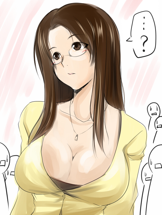 hagane soushi, 1girl, ?, breasts, brown eyes, brown hair, cleavage, glasses, large breasts, long hair, solo focus