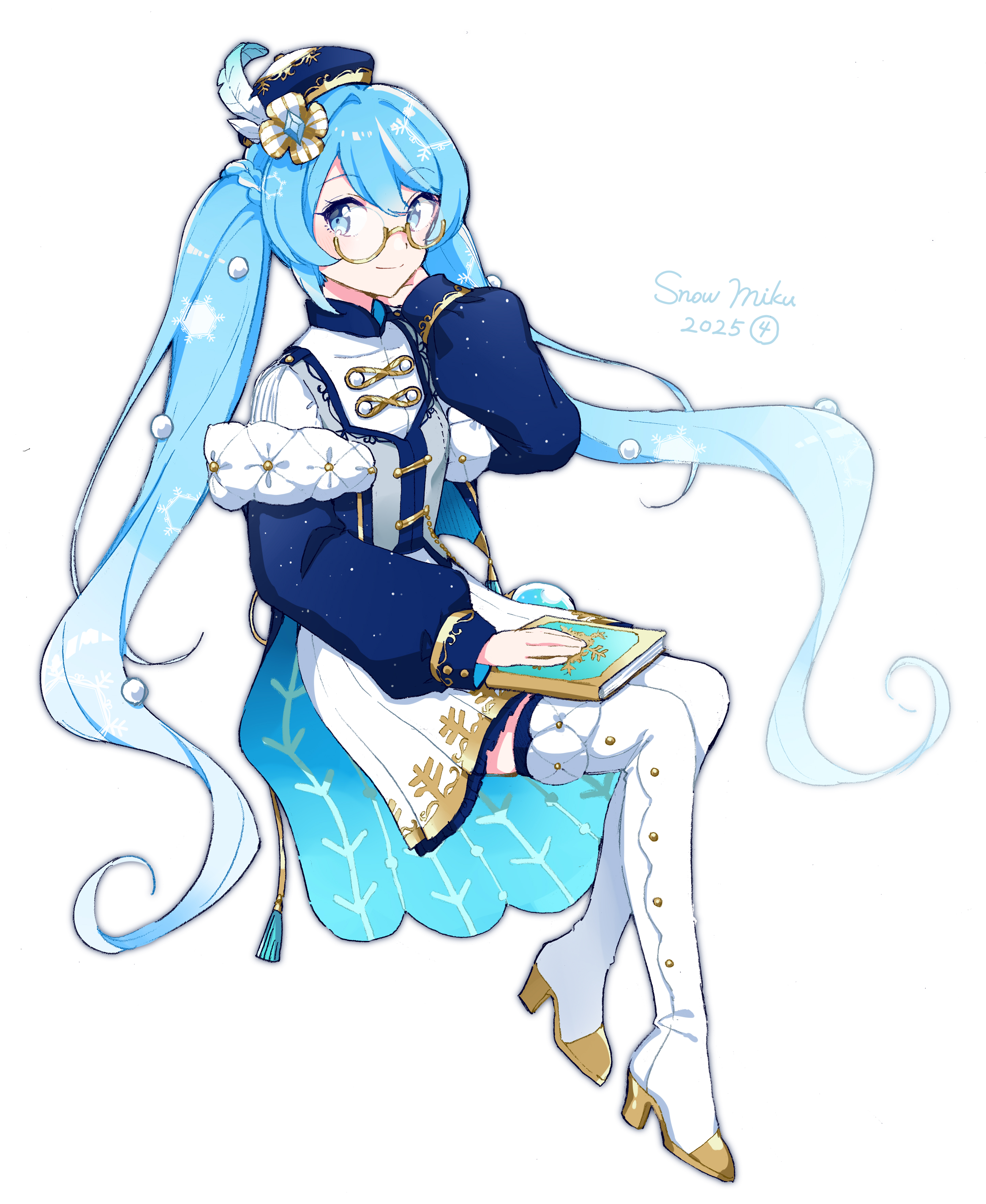 agonasubi, hatsune miku, yuki miku, yuki miku (2025) (candidate no.4), vocaloid, absurdres, commentary, highres, 1girl, beret, blue eyes, blue hair, blue hat, book, book on lap, boots, character name, full body, gem, gold trim, gradient hair, grey vest, hand in own hair, hand on book, hat, hat feather, hat ribbon, high heel boots, high heels, invisible chair, long hair, long sleeves, looking at viewer, multicolored hair, pleated skirt, puffy sleeves, quilted clothes, ribbon, semi-rimless eyewear, sideways glance, simple background, sitting, skirt, smile, snowflake print, solo, tassel, thigh boots, twintails, twintails with braided base, very long hair, vest, white background, white boots, white ribbon, white skirt, yellow-framed eyewear
