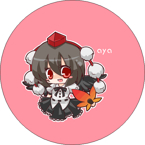 nasa yu, shameimaru aya, touhou, bad id, bad pixiv id, lowres, 1girl, black hair, black wings, chibi, female focus, hand fan, hat, looking at viewer, open mouth, red eyes, short hair, smile, solo, tokin hat, wings, yomﾑ・bad id
