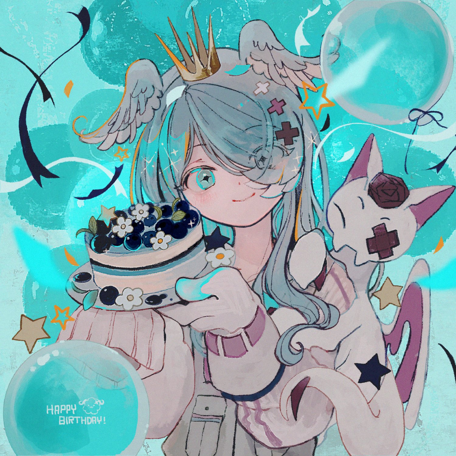 li04r, elira pendora, elira pendora (1st costume), pikl (elira pendora), nijisanji, nijisanji en, highres, 1girl, aqua background, aqua eyes, balloon, blue hair, blush, cake, confetti, crown, dot nose, food, gloves, hair over one eye, happy birthday, head tilt, head wings, holding, holding cake, holding food, long hair, looking at viewer, single sleeve past fingers, smile, sparkle, star (symbol), virtual youtuber, wings