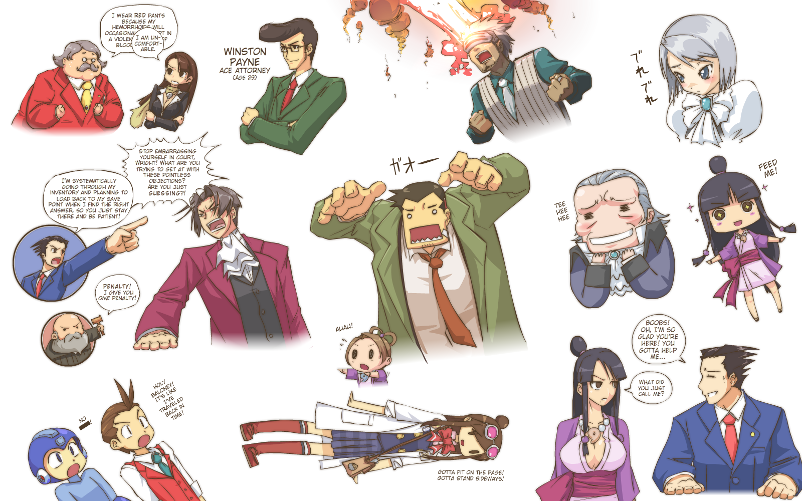 john su, apollo justice, cyclops (x-men), dick gumshoe, ema skye, franziska von karma, godot (ace attorney), manfred von karma, maya fey, mega man (character), mia fey, miles edgeworth, pearl fey, phoenix wright, winston payne, ace attorney, apollo justice: ace attorney, capcom, marvel, mega man (classic), mega man (series), phoenix wright: ace attorney – trials and tribulations, x-men, highres, 5girls, 6+boys, blue necktie, breasts, cleavage, english text, gameplay mechanics, half updo, mole, mole under eye, multiple boys, multiple girls, necktie, truth