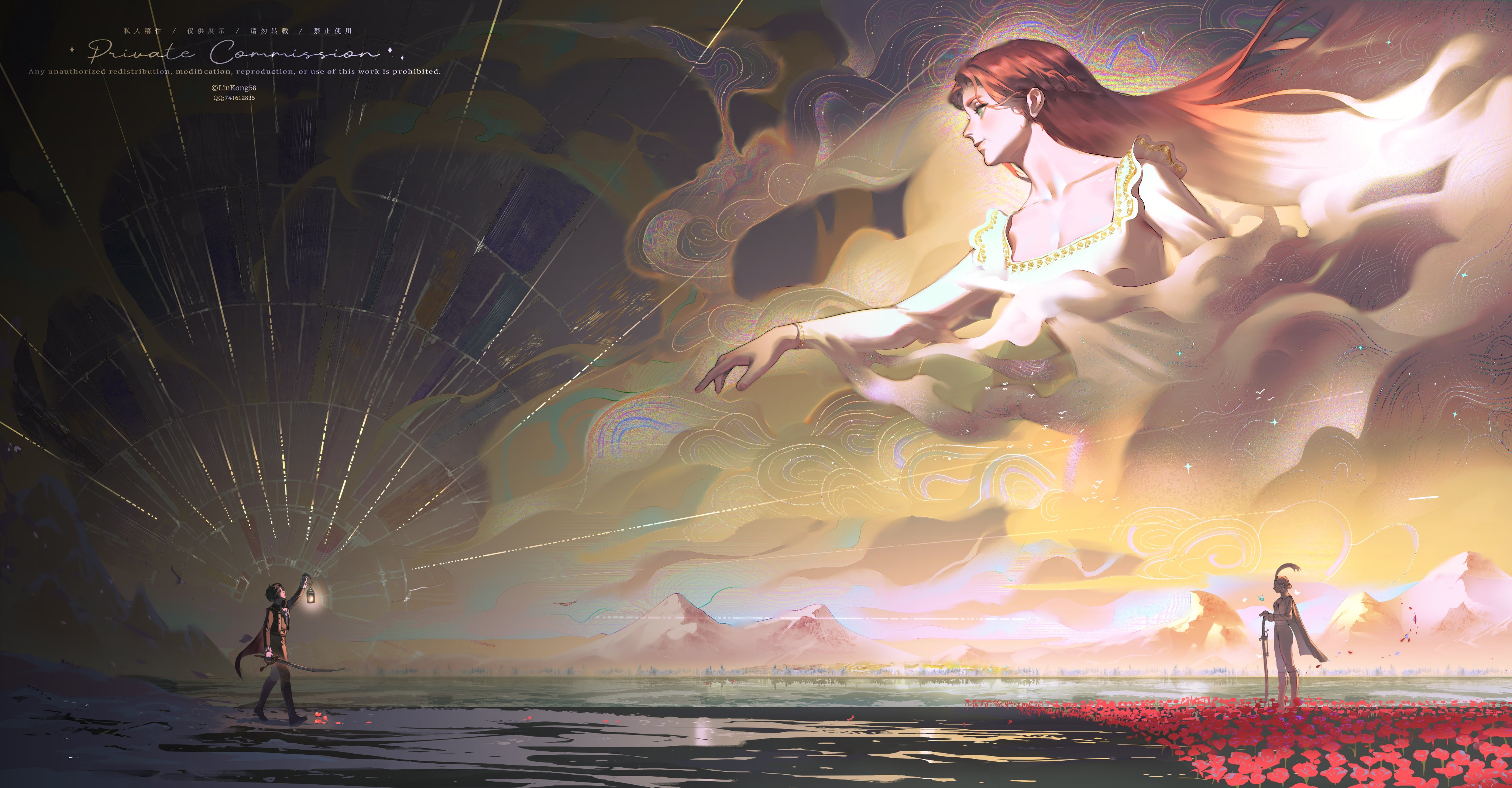 pinocchio (lies of p), lies of p, lies of p: overture, absurdres, chinese commentary, commentary, commentary request, commission, english commentary, highres, 1boy, 1girl, breasts, caballero 58, cleavage, collarbone, commissioner name, field, floating hair, flower, flower field, green eyes, holding, holding sword, holding weapon, landscape, lea florence monad, long hair, mountainous horizon, red flower, red hair, standing, sword, walking, weapon