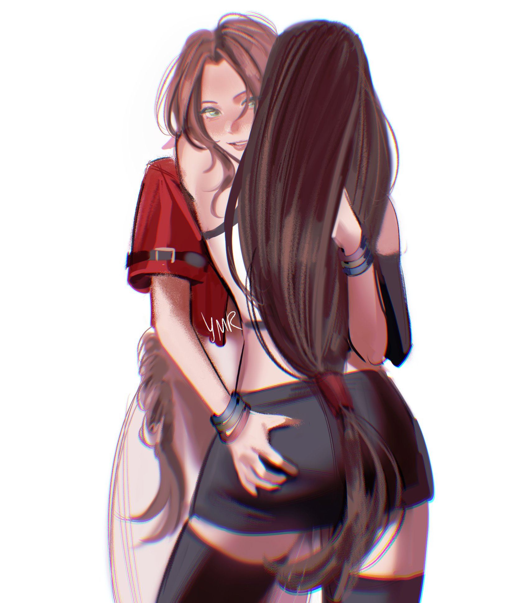ymr18, aerith gainsborough, tifa lockhart, final fantasy, final fantasy vii, final fantasy vii remake, commentary, english commentary, highres, 2girls, arms around neck, black skirt, black thighhighs, bracelet, brown hair, grabbing another's ass, green eyes, groping, jacket, jewelry, long hair, multiple girls, parted lips, red jacket, simple background, skirt, smile, tank top, thighhighs, white background, white tank top, yuri