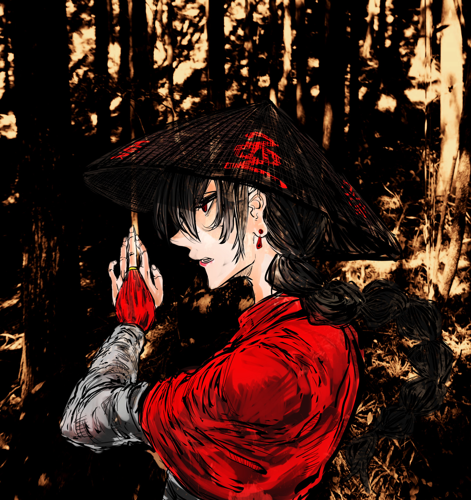 kyanduru, yatadera narumi, touhou, highres, 1girl, ajirogasa, animal ears, black hair, bridal gauntlets, capelet, grey shirt, hair between eyes, hand up, hat, medium hair, parted lips, photo background, red bridal gauntlets, red capelet, red eyes, shirt, solo