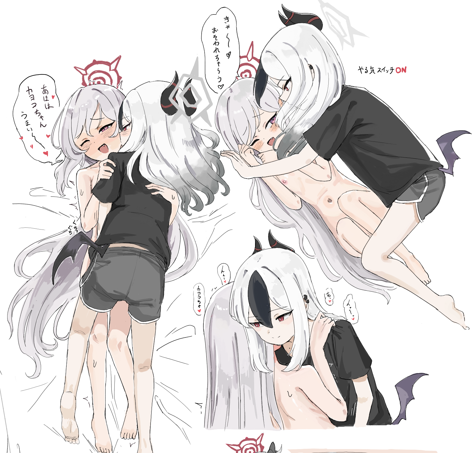 8nmeter, kayoko (blue archive), mutsuki (blue archive), blue archive, commentary request, highres, translation request, 2girls, barefoot, black shirt, black streaks, blush, fang, flat chest, grey hair, grey shorts, horns, long hair, low wings, multiple girls, nipples, open mouth, purple eyes, red eyes, shirt, shorts, smile, speech bubble, toes, wings, yuri