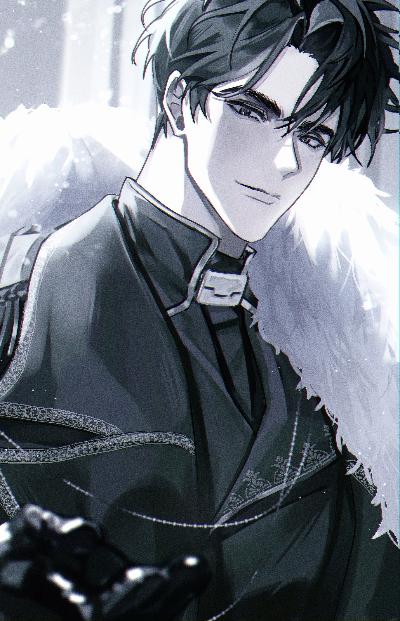 narak, yoo joonghyuk, omniscient reader's viewpoint, highres, 1boy, black coat, black eyes, black gloves, black hair, black shirt, blurry, blurry foreground, coat, depth of field, fur collar, gloves, looking at viewer, male focus, offering hand, shirt, short hair, smile, solo, upper body