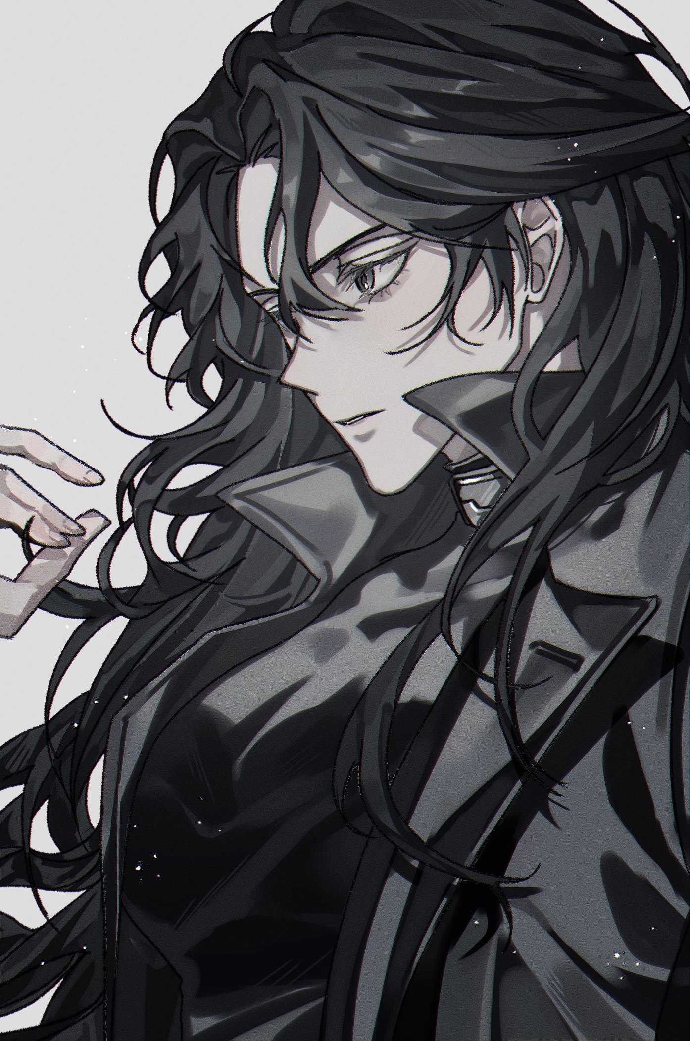 narak, yoo joonghyuk, omniscient reader's viewpoint, highres, 1girl, aegyo sal, black coat, black eyes, black hair, black shirt, breasts, chest hair, coat, crew neck, from side, genderswap, genderswap (mtf), hair flowing over, hair over shoulder, hand up, long hair, official alternate costume, parted lips, shirt, solo, upper body
