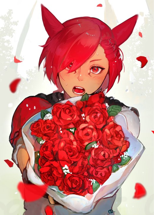 aomushi komushi, g'raha tia, final fantasy, final fantasy xiv, 1boy, animal ears, bouquet, cat ears, facial mark, falling petals, flower, hair ornament, holding, holding bouquet, incoming gift, leaf, looking at viewer, male focus, miqo'te, open mouth, petals, red eyes, red flower, red hair, red rose, rose, short hair, solo, sweat, swept bangs, upper body, x hair ornament