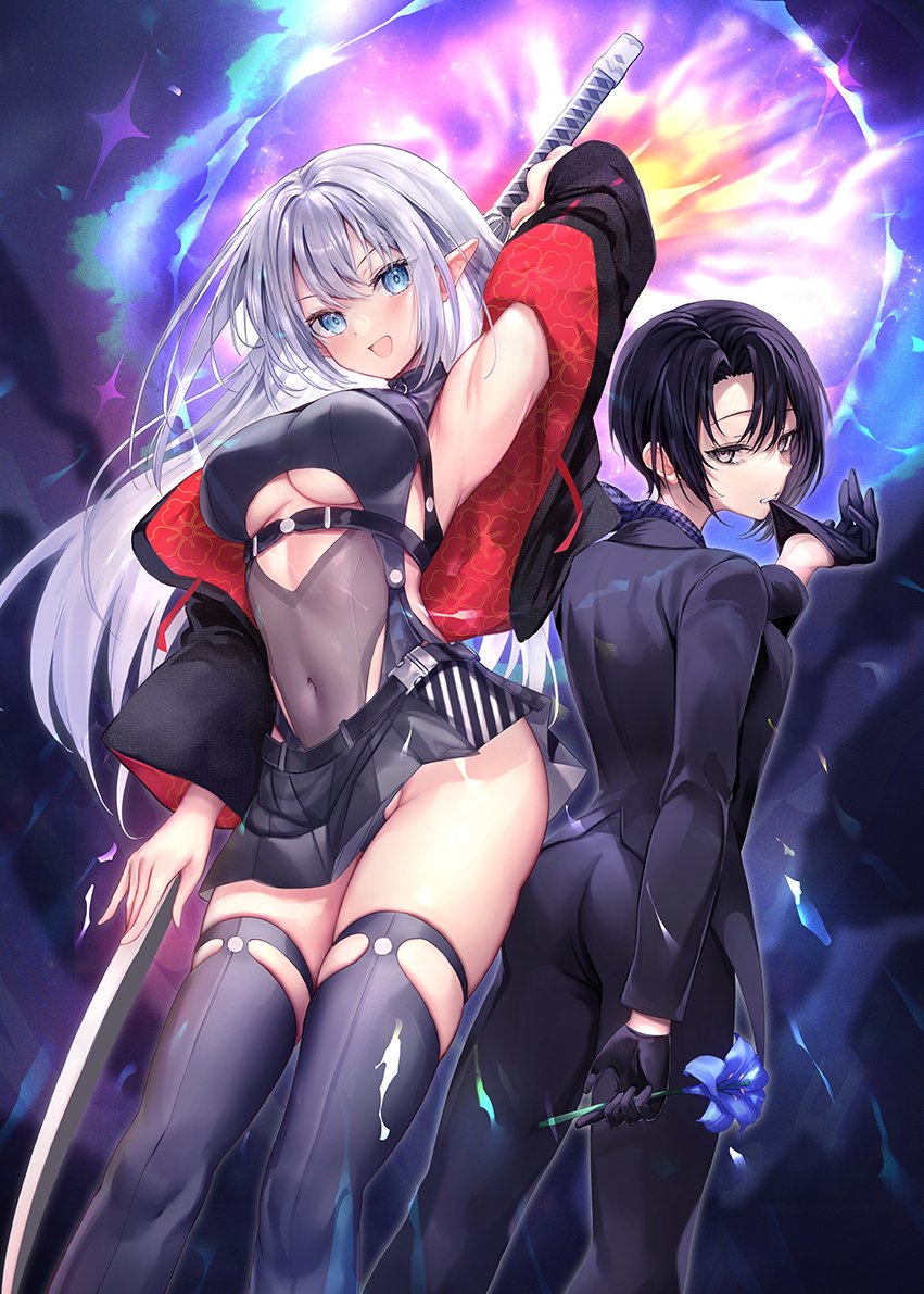 haishiki, astemil crue la kirlisia, liu youran (yurihasa), danshi kinsei game sekai de ore ga yarubeki yuiitsu no koto yuri no ma ni hasamaru otoko to shite tensei shite shimaimashita, commentary request, official art, 2girls, ascot, ass, back-to-back, biting, biting glove, black gloves, black hair, black jacket, black skirt, black thighhighs, blue eyes, blue flower, breasts, brown eyes, clothing cutout, covered navel, elf, flower, gloves, grey hair, highleg, highleg leotard, holding, holding flower, holding sword, holding weapon, jacket, katana, leotard, long hair, long pointy ears, medium breasts, multiple girls, ootachi, open clothes, open jacket, open mouth, pointy ears, skirt, smile, stomach cutout, swept bangs, sword, thighhighs, underboob, very long hair, weapon