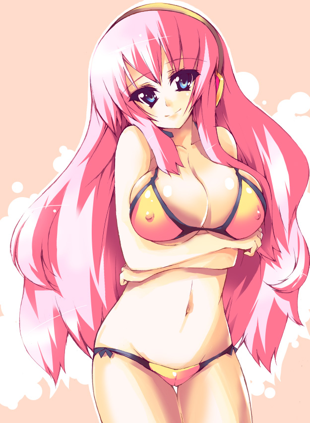 akikaze tsumuji, megurine luka, vocaloid, breast hold, bad id, bad pixiv id, 1girl, bikini, blue eyes, breasts, cleavage, covered erect nipples, female focus, large breasts, long hair, pink hair, smile, solo, standing, swimsuit, very long hair, yellow bikini