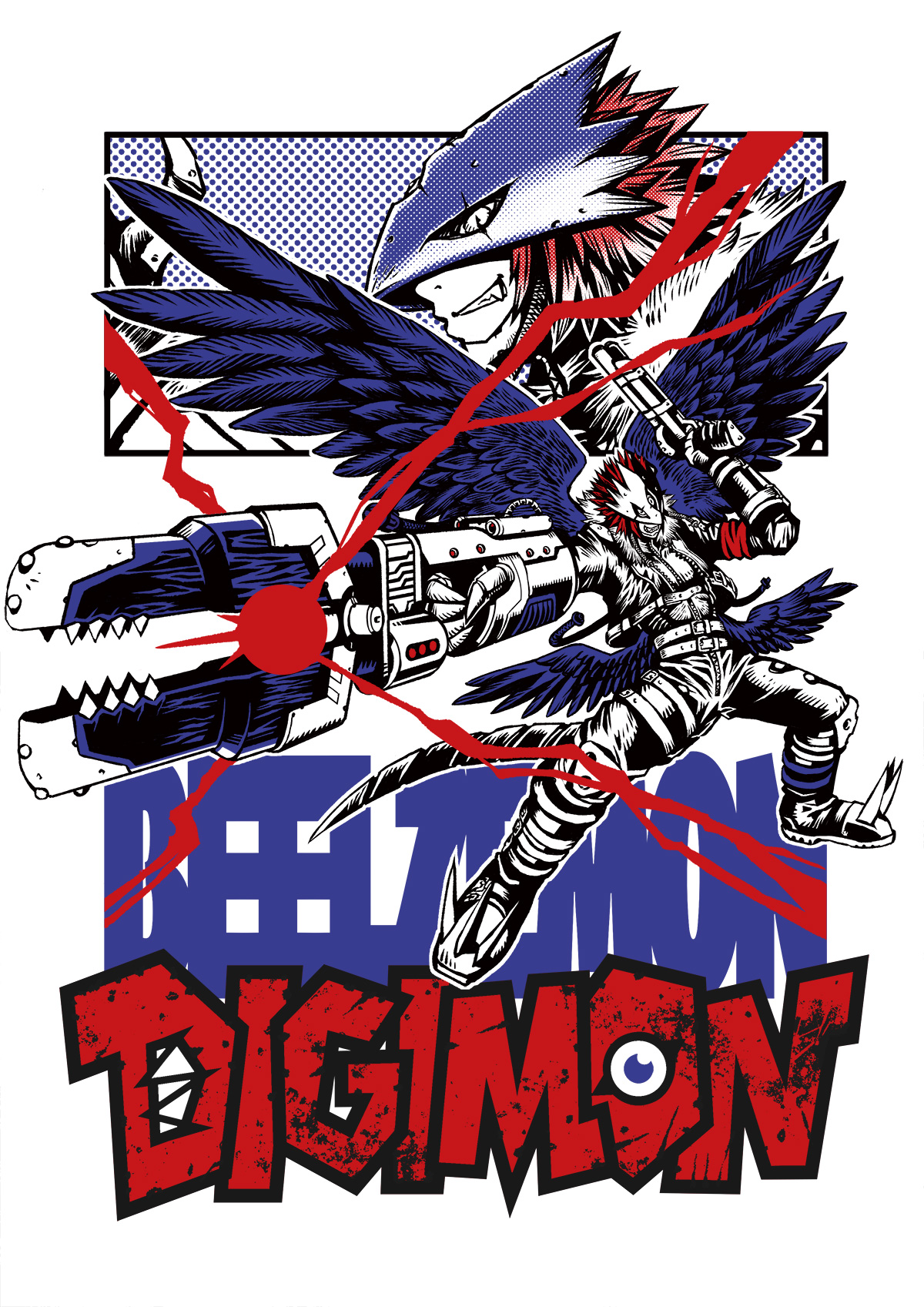 watanabe kenji, beelzebumon, beelzebumon blast mode, bandai, digimon, highres, official art, 1boy, aiming, arm cannon, character name, claws, cup, demon, fang, grin, holding, holding cup, looking at viewer, mask, multiple views, multiple wings, pectorals, simple background, smile, tail, weapon, white background, wings