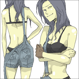 birdman, galerians, gender request, lowres, tagme, 1girl, female focus, genderswap, long hair, looking at viewer, overalls, simple background, solo, white background