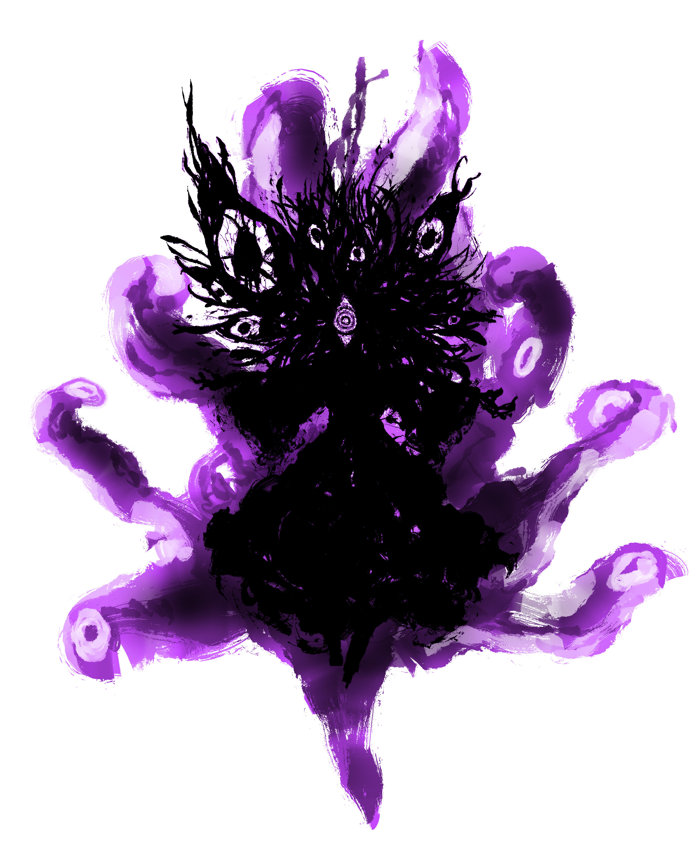 kyanduru, yakumo yukari, touhou, absurdres, highres, 1girl, aura, dark aura, disembodied eye, eldritch abomination, floating hair, simple background, solo, white background