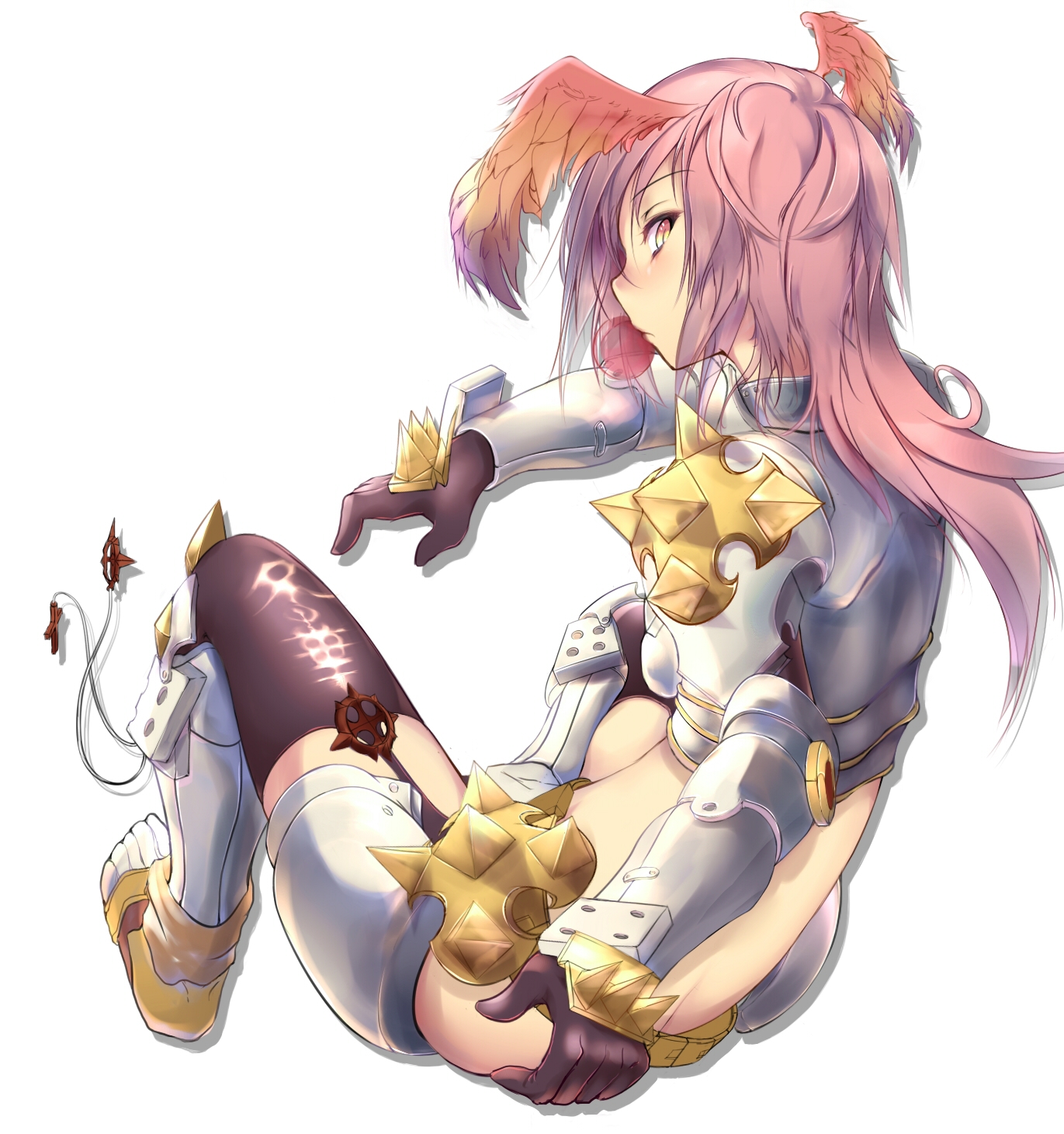 yuky (cassis powder), rune knight (ragnarok online), ragnarok online, commentary request, highres, 1girl, armor, armored boots, bikini armor, black gloves, black thighhighs, blowing bubble gum, blush, boots, butt crack, chewing gum, closed mouth, cross of prontera, expressionless, feathered wings, full body, garter straps, gauntlets, gloves, head wings, long hair, looking at viewer, looking back, orange wings, pauldrons, pink eyes, pink hair, shoulder armor, simple background, sitting, solo, spiked pauldrons, spikes, thighhighs, white background, wings