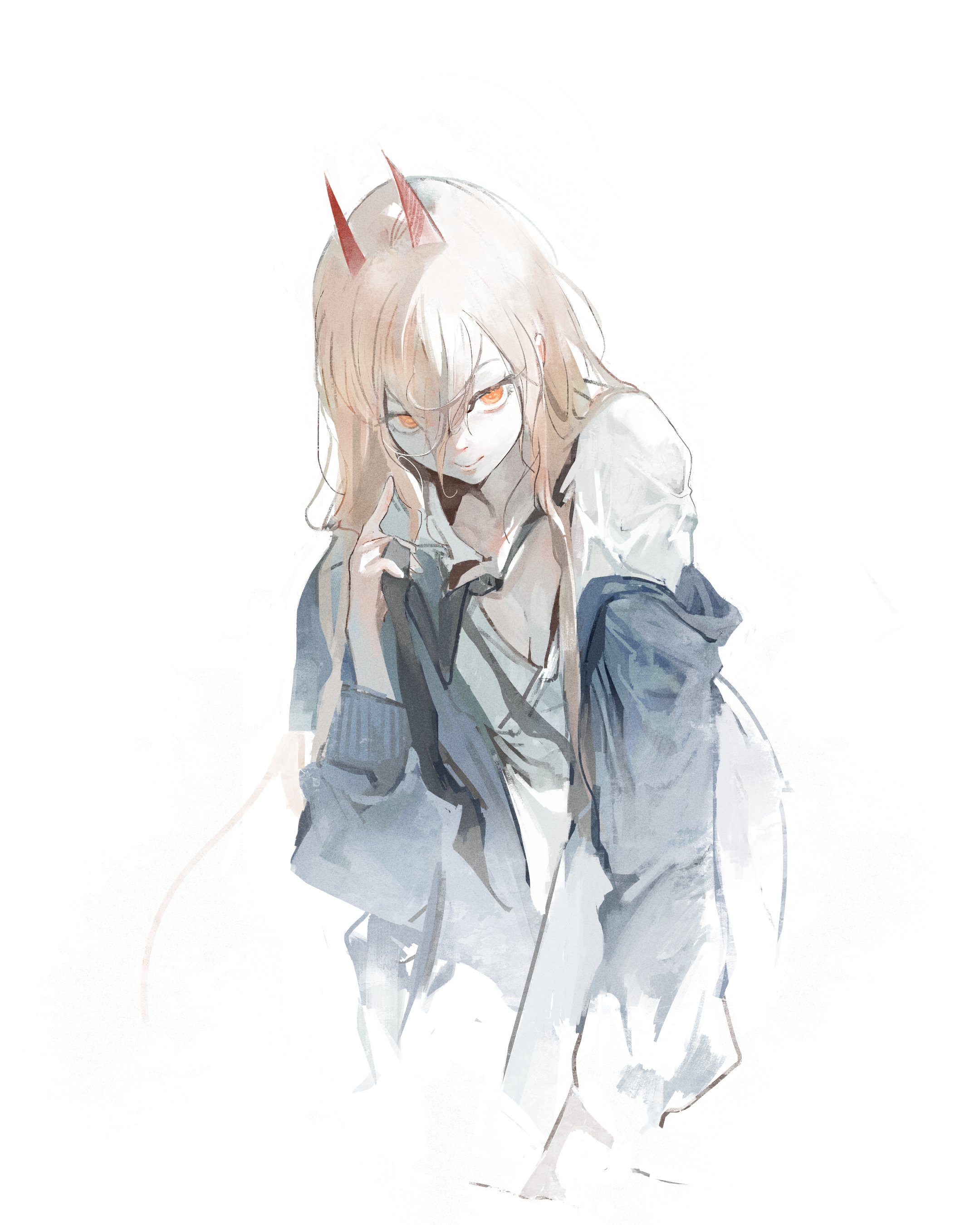 kanji (nievart), power (chainsaw man), chainsaw man, absurdres, highres, 1girl, blonde hair, blue jacket, breasts, cleavage, demon girl, demon horns, hair between eyes, horns, jacket, leaning forward, long hair, long hair between eyes, looking at viewer, red horns, shirt, simple background, solo, white background, white shirt, yellow eyes