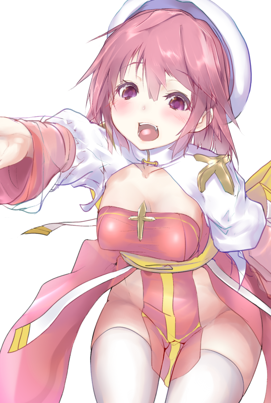 yuky (cassis powder), arch bishop (ragnarok online), ragnarok online, commentary request, highres, 1girl, blush, breasts, cameltoe, cleavage, covered erect nipples, cowboy shot, cross, dress, groin, hat, juliet sleeves, large breasts, leaning forward, long sleeves, looking at viewer, medium hair, no panties, open mouth, pelvic curtain, pink dress, pink hair, puffy sleeves, purple eyes, sash, simple background, solo, tam (ragnarok online), thighhighs, two-tone dress, white background, white dress, white hat, white thighhighs, yellow sash