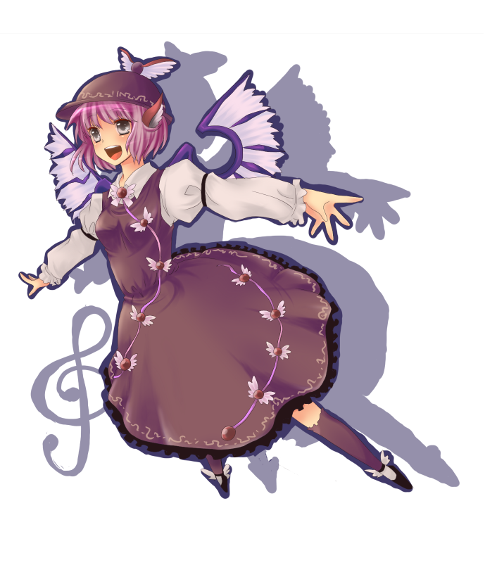 kuzumiya yuyu, mystia lorelei, touhou, winged footwear, 1girl, animal ears, dress, female focus, full body, hat, open mouth, pink hair, shoes, short hair, solo, white background, wings