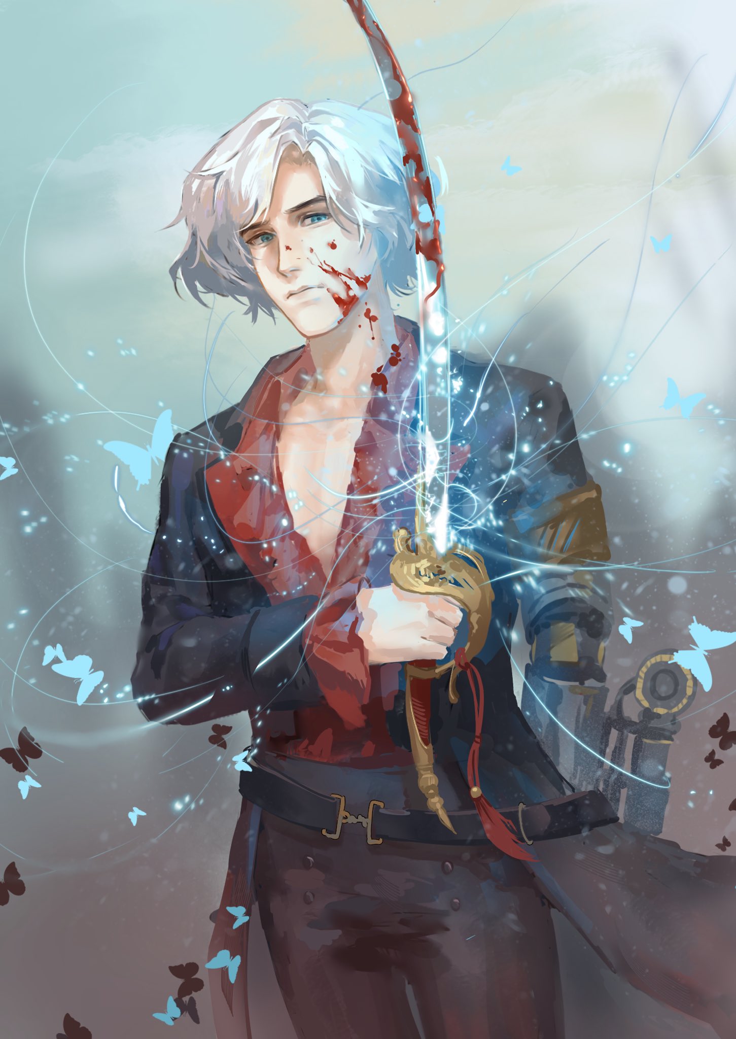 pinocchio (lies of p), lies of p, lies of p: overture, hashtag-only commentary, highres, 1boy, blood, blood on face, bloody weapon, blue butterfly, blue coat, blue eyes, bug, butterfly, closed mouth, coat, holding, holding sword, holding weapon, insect, laozjiujiaolaoz, male focus, mechanical arms, official alternate hair color, pants, prosthesis, prosthetic arm, single mechanical arm, solo, standing, sword, weapon, white hair