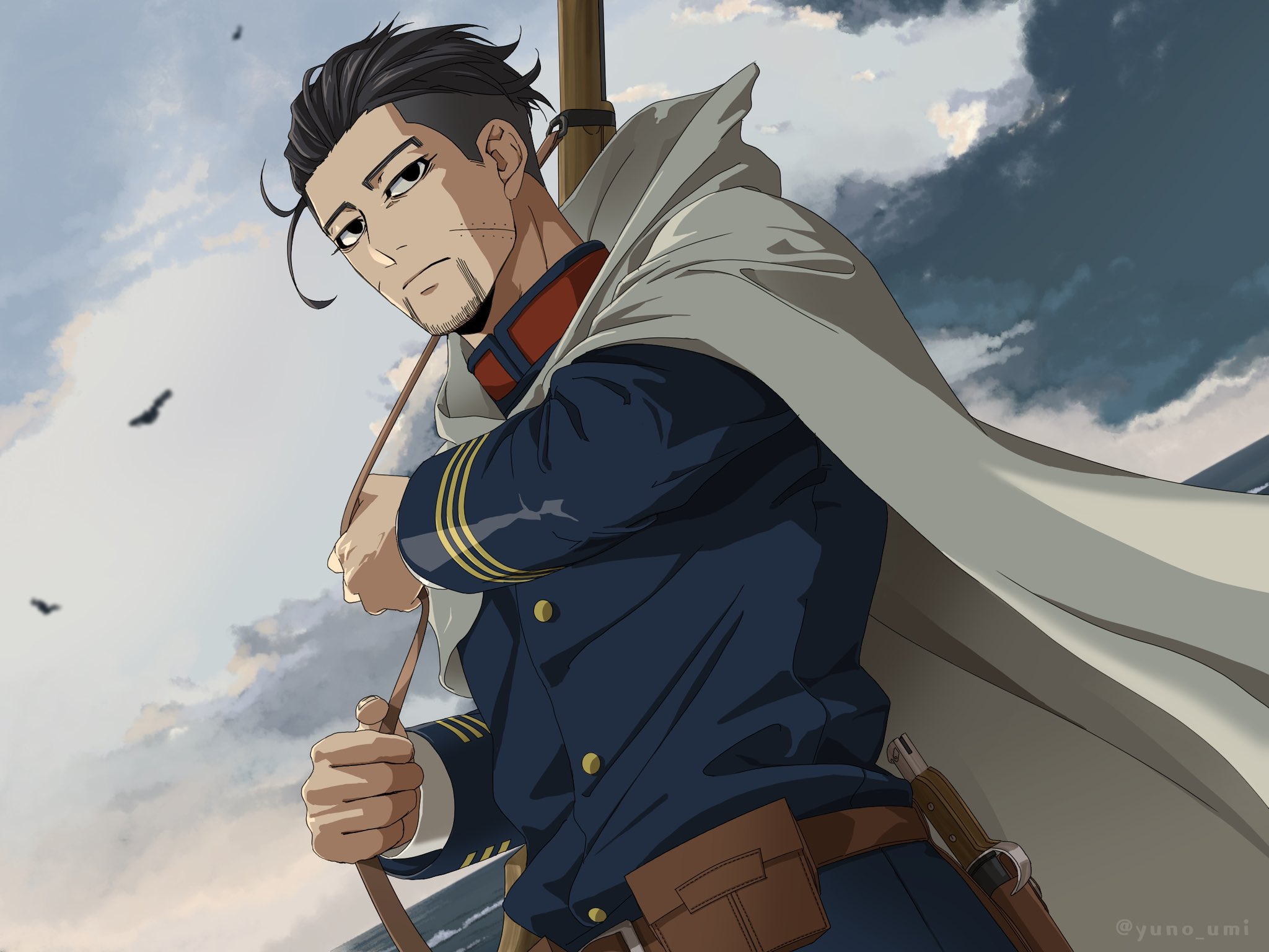 washiko (rasuko), ogata hyakunosuke, golden kamuy, commentary request, highres, 1boy, bag, black eyes, black hair, blue jacket, cloak, closed mouth, cloud, facial hair, goatee stubble, grey cloak, grey sky, gun, hair slicked back, hood, hooded cloak, jacket, long sleeves, looking at viewer, male focus, mature male, rifle, satchel, short hair, simple bird, sky, solo, stubble, undercut, weapon