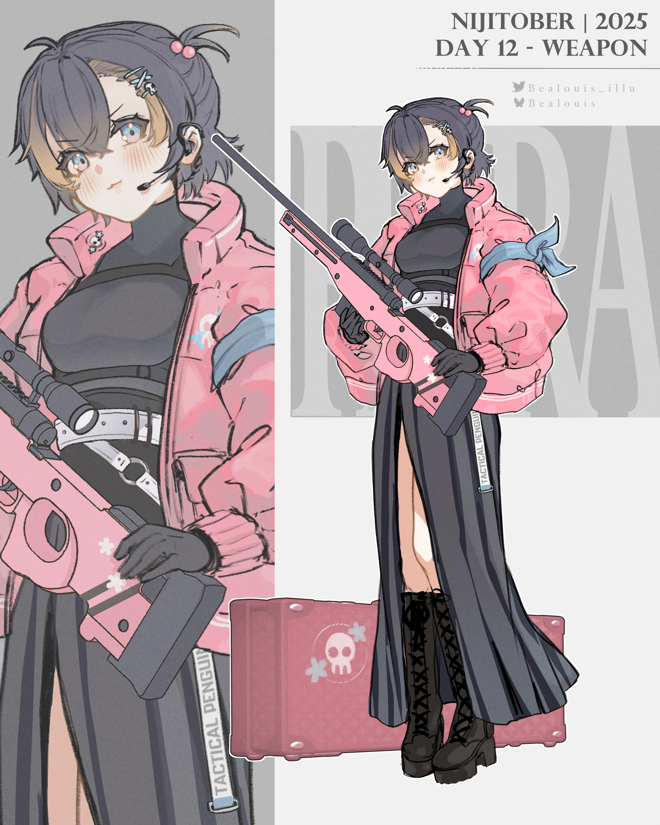 bealouis illu, petra gurin, nijisanji, nijisanji en, absurdres, commentary, english commentary, highres, 1girl, ai arctic warfare, arm ribbon, artist name, beads, black boots, black dress, black gloves, black hair, blonde hair, blue eyes, blush, bolt action, boots, breasts, coat, dress, full body, gloves, grey background, gun, hair beads, hair ornament, hairclip, headset, holding, holding gun, holding weapon, medium breasts, multicolored hair, pink coat, ribbon, rifle, short hair, short side ponytail, skull hair ornament, sniper rifle, solo, streaked hair, twitter username, virtual youtuber, weapon, zoom layer