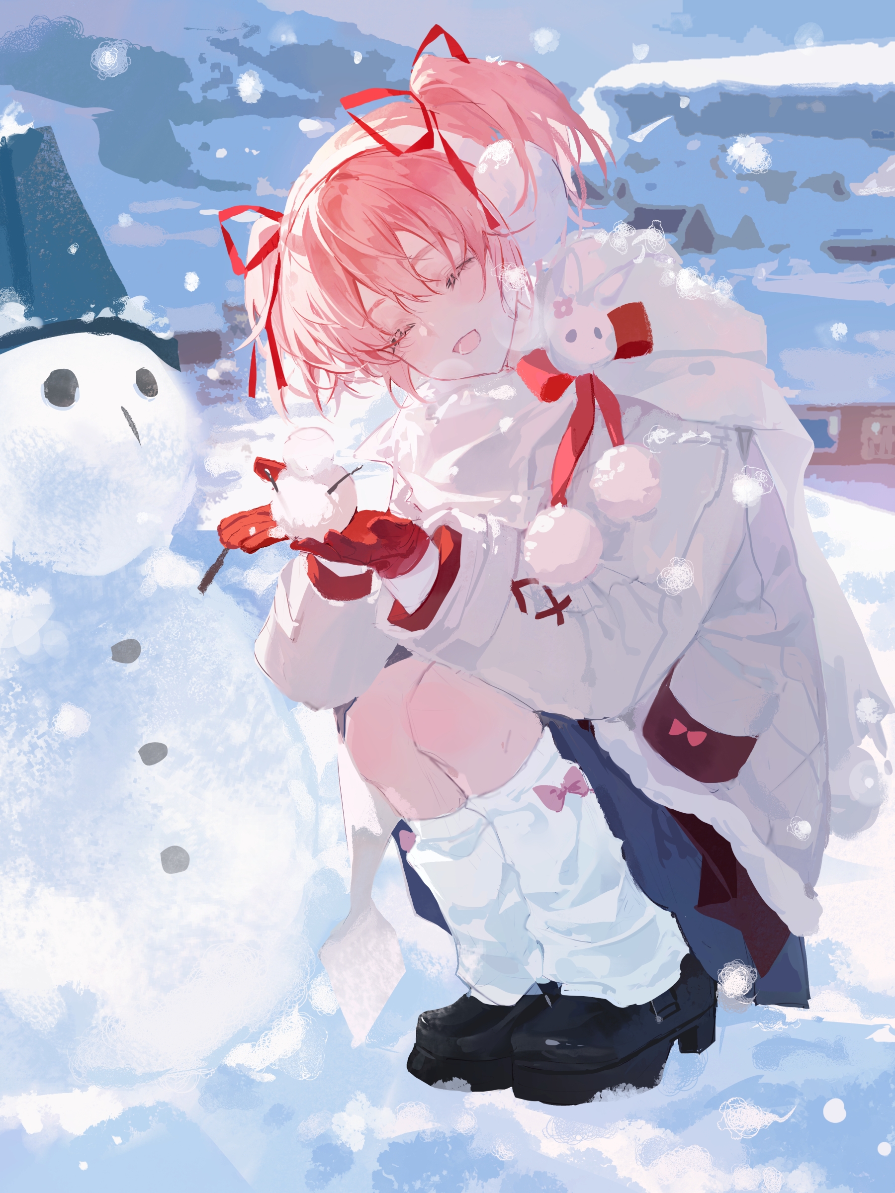 layla 836829767, kaname madoka, mahou shoujo madoka magica, mahou shoujo madoka magica (anime), absurdres, highres, 1girl, ^ ^, alternate costume, black shoes, closed eyes, coat, day, facing viewer, full body, gloves, hair ribbon, leg warmers, open mouth, outdoors, pink hair, red gloves, ribbon, shoes, short hair, short twintails, smile, snow, snowing, snowman, solo, squatting, twintails, white coat, winter clothes, winter coat
