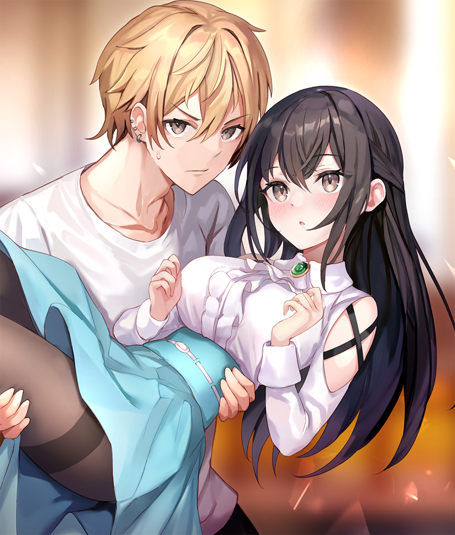 haishiki, sanjou hiiro, sanjou rei, danshi kinsei game sekai de ore ga yarubeki yuiitsu no koto yuri no ma ni hasamaru otoko to shite tensei shite shimaimashita, commentary request, official art, 1boy, 1girl, aqua skirt, bare shoulders, black hair, black pantyhose, blonde hair, blush, brown eyes, carrying, carrying person, collarbone, frills, gem, green gemstone, half updo, jewelry, long hair, multiple piercings, pantyhose, parted lips, princess carry, shirt, skirt, sweatdrop, white shirt