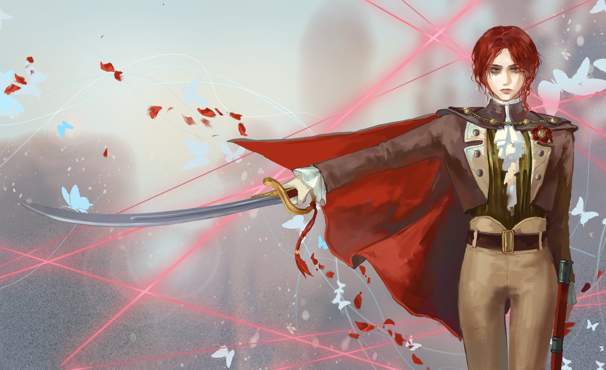 lies of p, lies of p: overture, chinese commentary, commentary request, highres, 1girl, ascot, belt, blue butterfly, brown pants, bug, butterfly, cape, closed mouth, holding, holding sword, holding weapon, insect, laozjiujiaolaoz, lea florence monad, looking at viewer, pants, red cape, red hair, red petals, scimitar, solo, standing, sword, weapon, white ascot