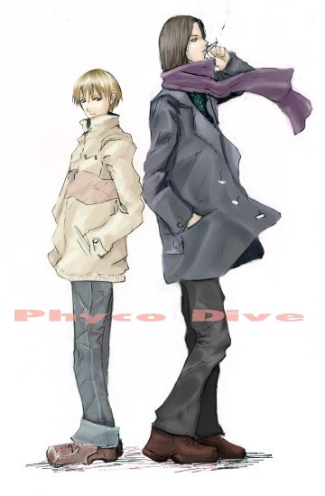 birdman, rion (galerians), galerians, 2boys, blonde hair, blue eyes, cigarette, looking at viewer, multiple boys, scarf, short hair, simple background, smoking, white background