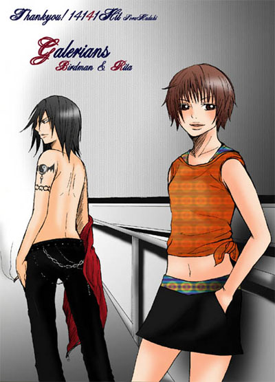 birdman, rita (galerians), galerians, tagme, 1boy, 1girl, black hair, bob cut, brown hair, character name, cigarette, copyright name, hands in pockets, long hair, looking at viewer, looking back, midriff, miniskirt, short hair, skirt, smoking