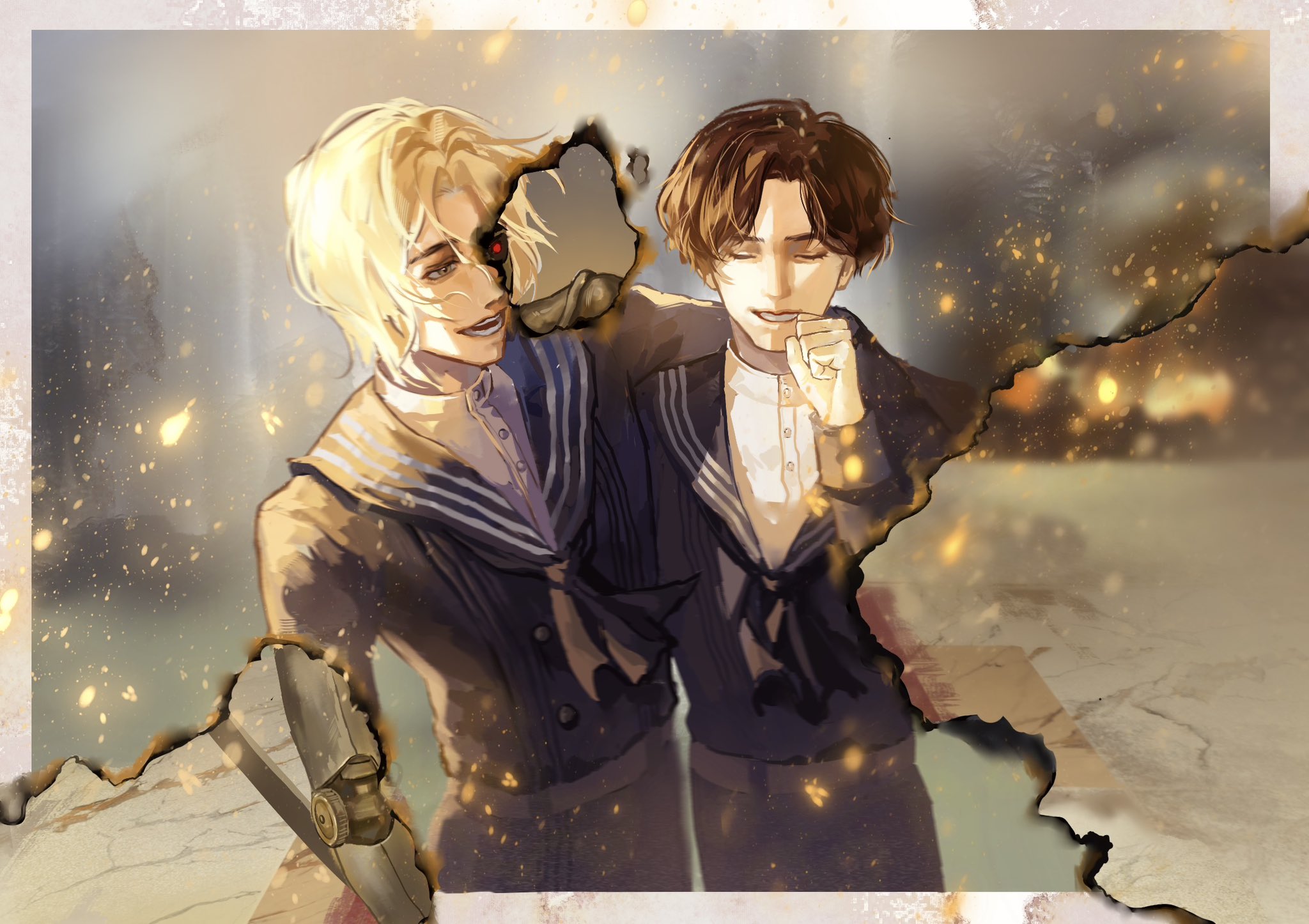 lies of p, hashtag-only commentary, highres, 2boys, arm around shoulder, blonde hair, brown hair, carlo (lies of p), closed eyes, embers, glowing, glowing eyes, laozjiujiaolaoz, looking at another, male focus, multiple boys, open mouth, red eyes, romeo (lies of p), short hair, smile, standing