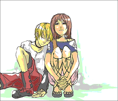 lilia (galerians), lilia pascalle, rion (galerians), rion steiner, galerians, lowres, tagme, 1boy, 1girl, blonde hair, brown hair, closed eyes, hugging own legs, looking at viewer, short hair, shorts, simple background, skirt, sleeping, white background