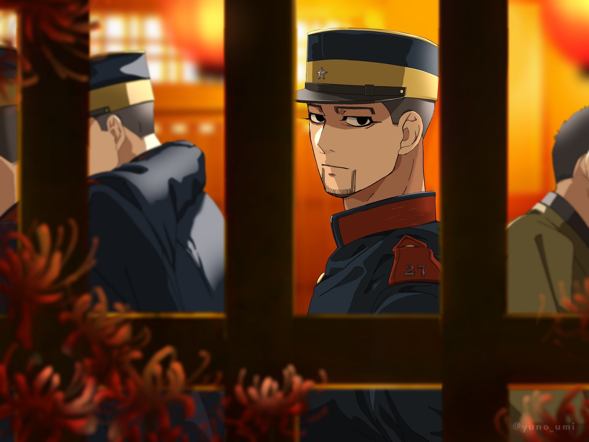washiko (rasuko), ogata hyakunosuke, golden kamuy, commentary request, highres, 2boys, 4boys, black eyes, blurry, blurry background, buzz cut, closed mouth, expressionless, facial hair, flower, from outside, goatee stubble, hat, male focus, multiple boys, red flower, shaded face, short hair, spider lily, stubble, upper body, very short hair