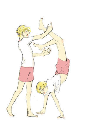 cain, rion (galerians), galerians, lowres, 2boys, blonde hair, handstand, happy, multiple boys, short hair, siblings, simple background, smile, twins, white background